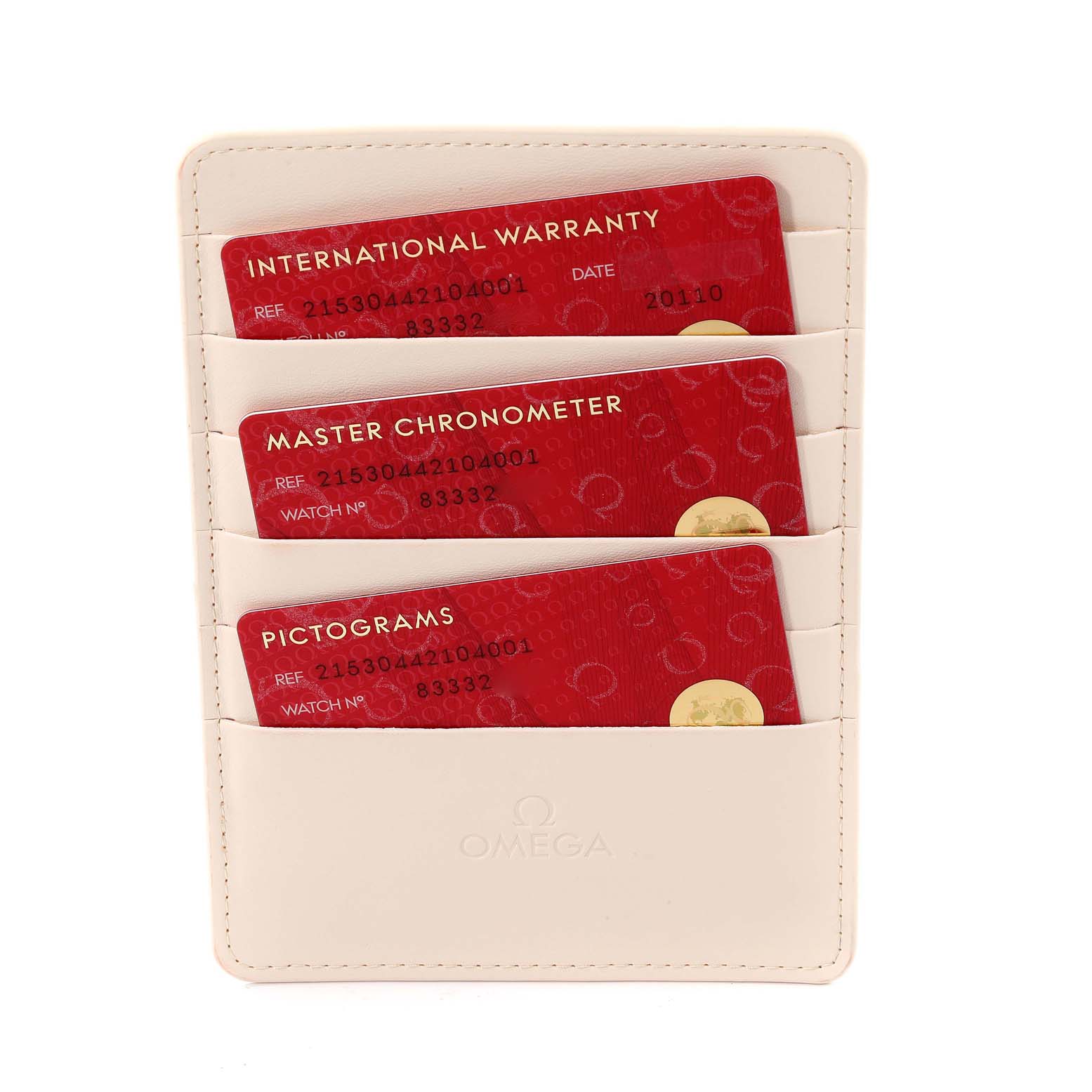 The image shows warranty and certification cards for the Omega Planet Ocean 215.30.44.21.04.001 Men
s Stainless Steel White Dial 215.30.44.21.04.001 Men
s Stainless Steel White Dial model in a white cardholder.