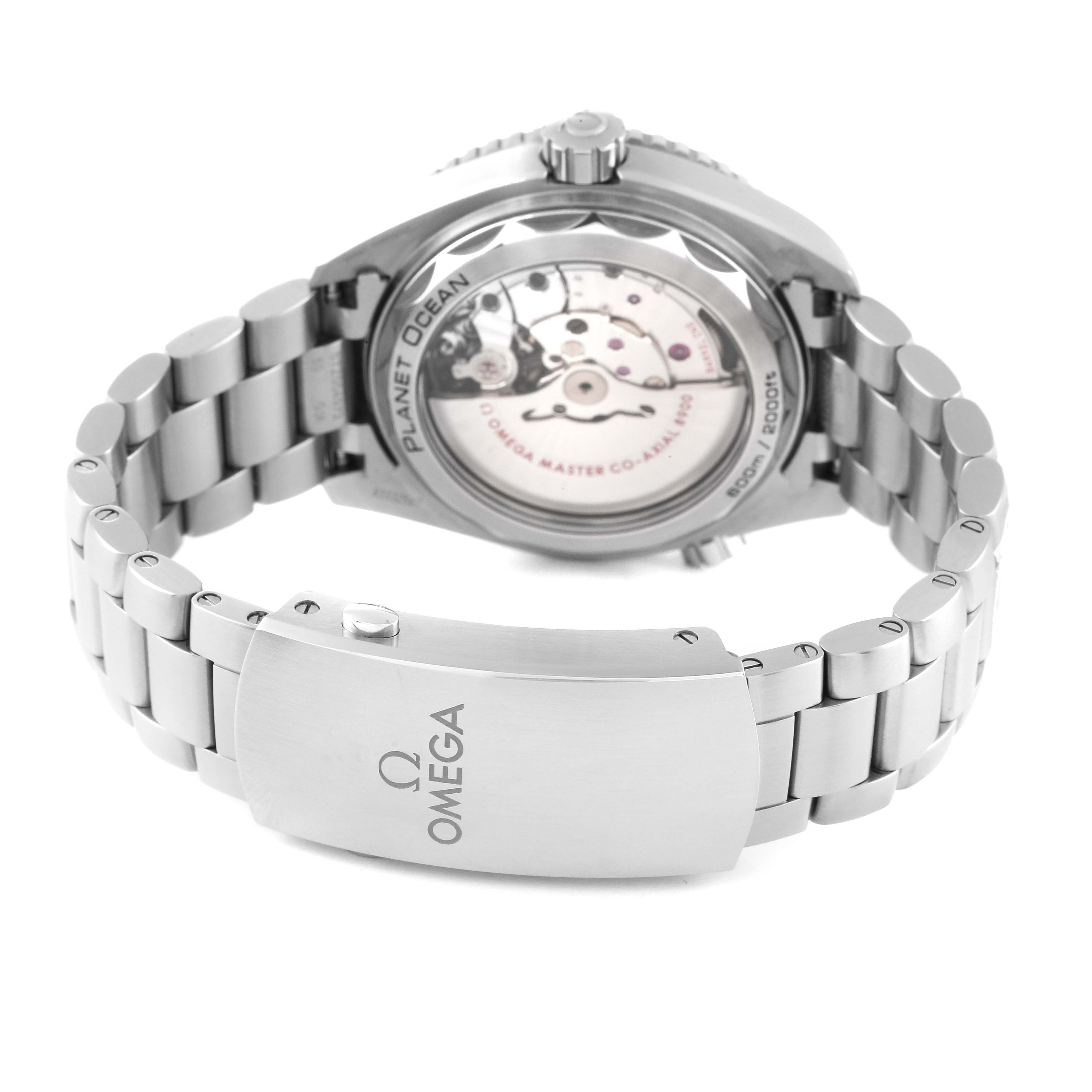 The image shows the back view of the Omega Planet Ocean 215.30.44.21.04.001 Men
s Stainless Steel White Dial 215.30.44.21.04.001 Men
s Stainless Steel White Dial watch, highlighting its movement and clasp.