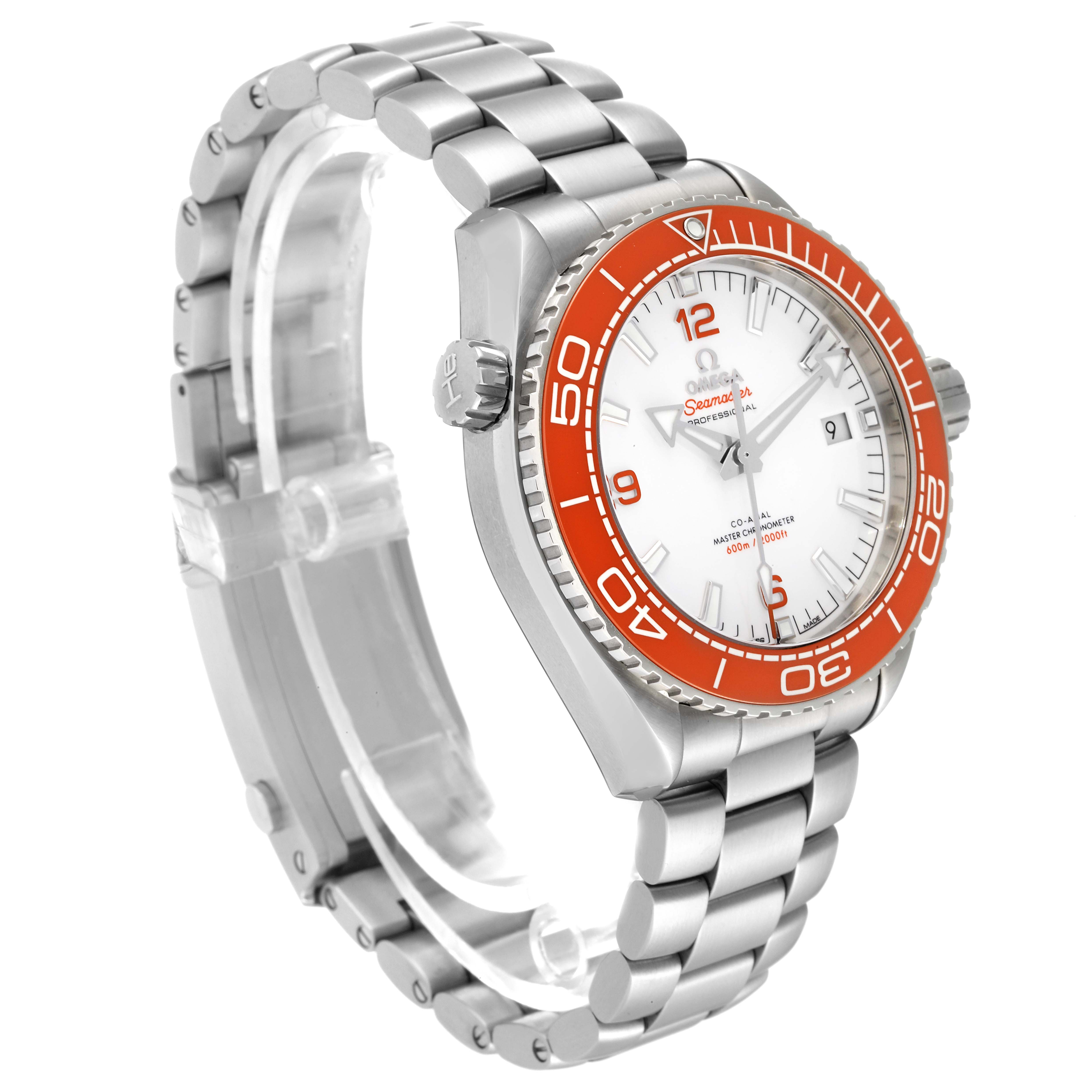 This image shows a side angle of the Omega Planet Ocean 215.30.44.21.04.001 Men
s Stainless Steel White Dial 215.30.44.21.04.001 Men
s Stainless Steel White Dial model, featuring its metal bracelet and orange bezel.