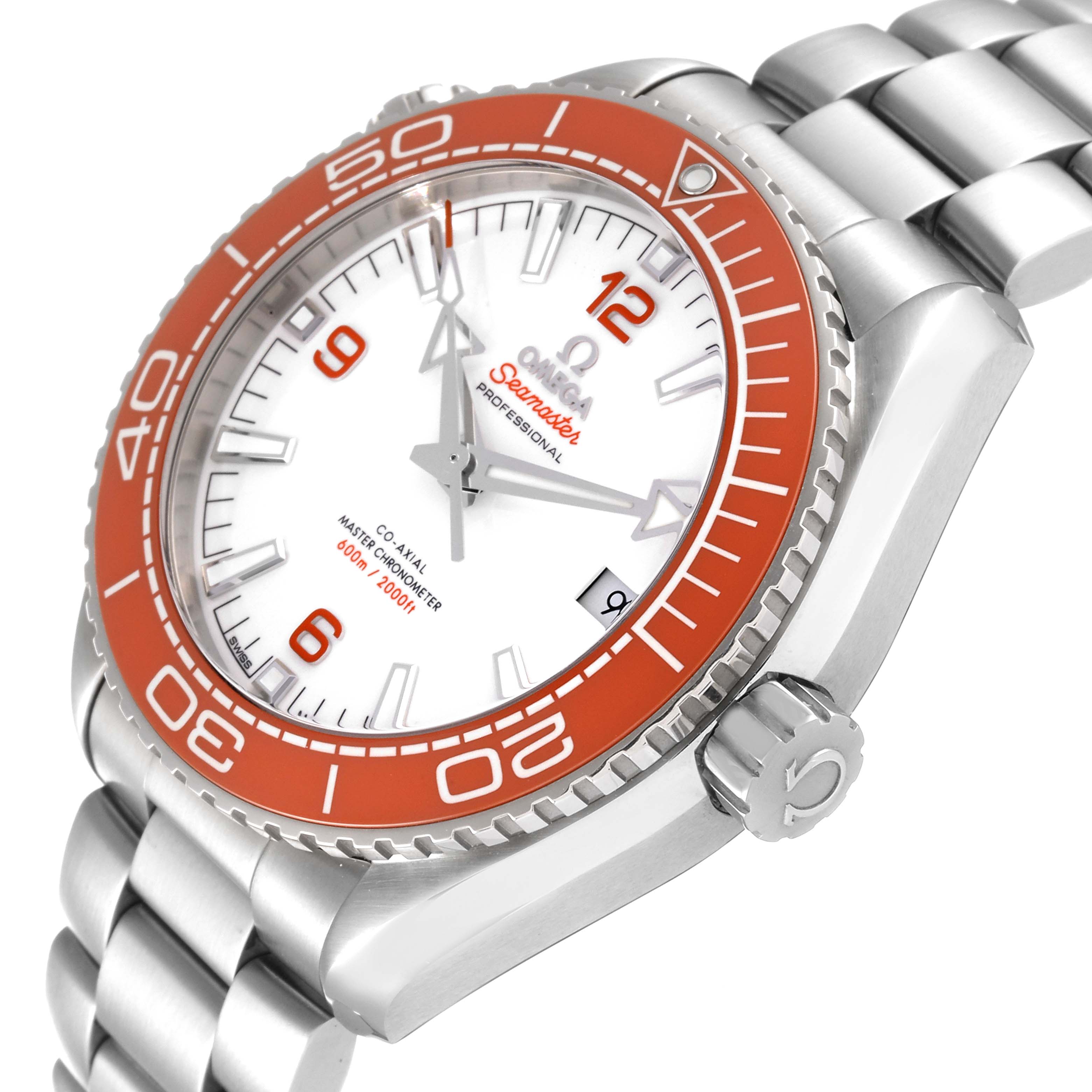 The image shows an Omega Planet Ocean 215.30.44.21.04.001 Men
s Stainless Steel White Dial 215.30.44.21.04.001 Men
s Stainless Steel White Dial model watch from a slightly angled side view, highlighting the bezel, face, and bracelet.