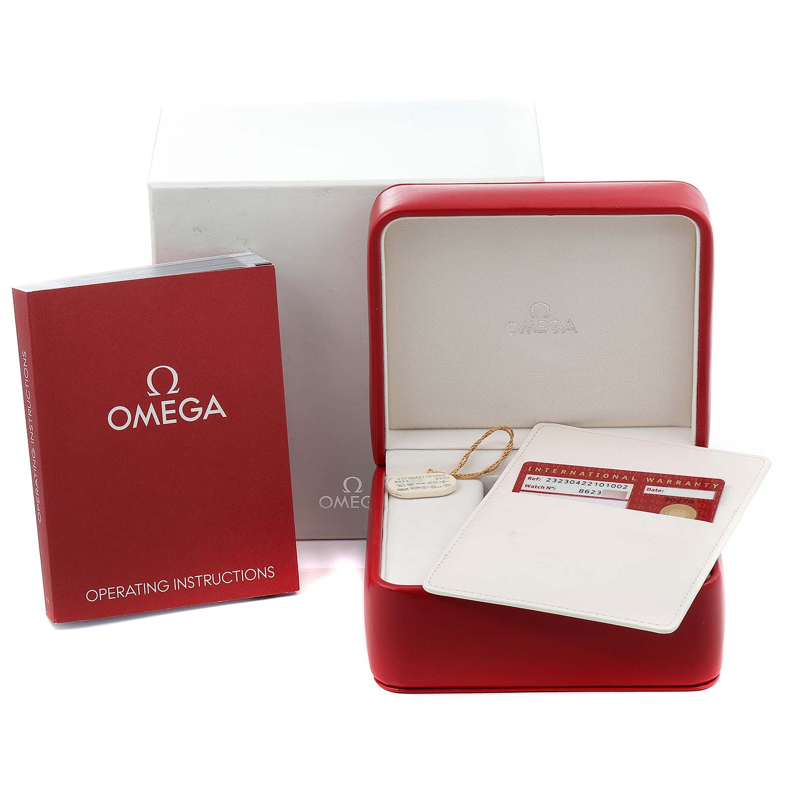 The image shows the Omega Planet Ocean 232.30.42.21.01.002 Men's Stainless Steel Black Dial 232.30.42.21.01.002 Men's Stainless Steel Black Dial watch packaging including the box, operating instructions, warranty card, and tag.