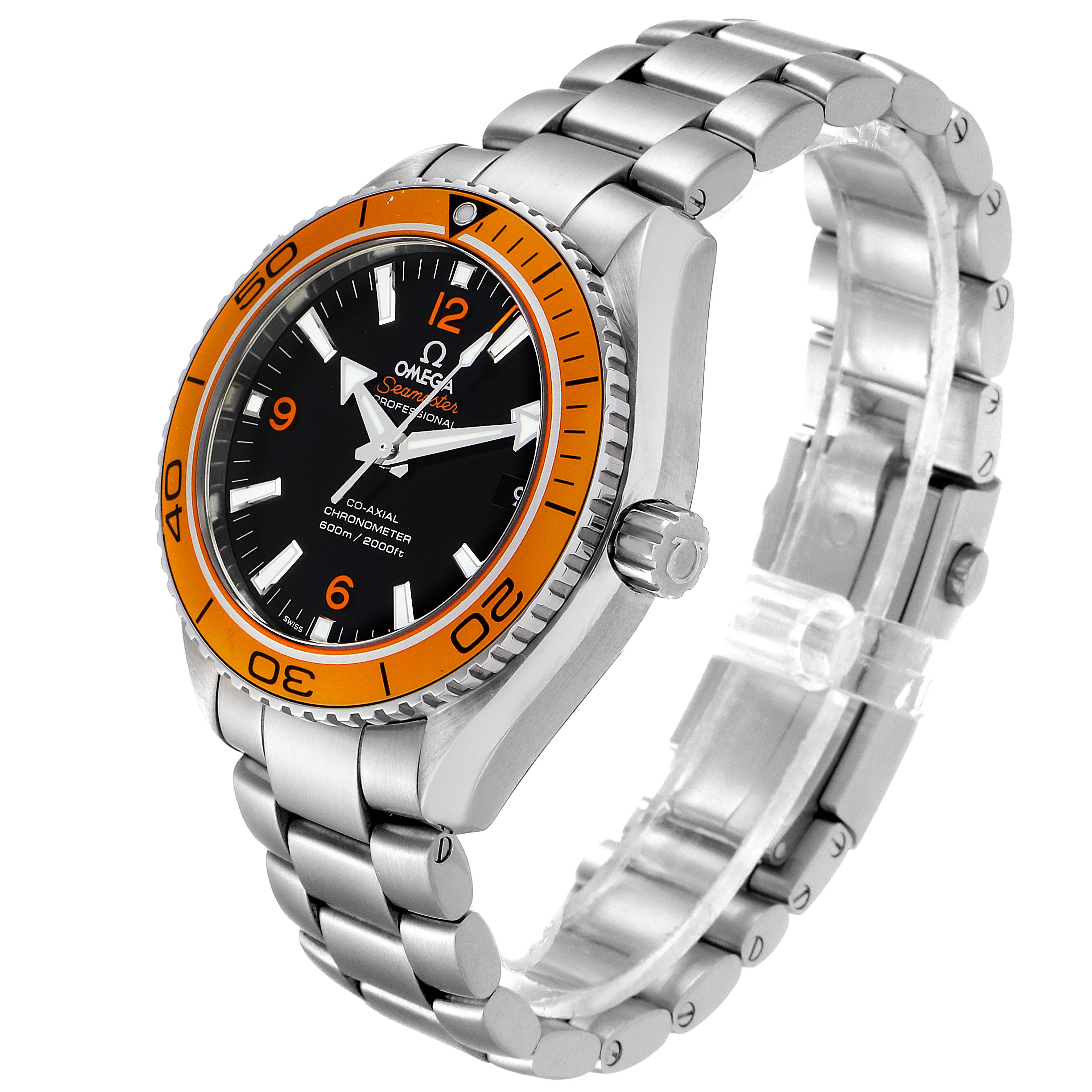 The Omega Planet Ocean 232.30.42.21.01.002 Men's Stainless Steel Black Dial 232.30.42.21.01.002 Men's Stainless Steel Black Dial watch is shown at an angled side view, highlighting its orange bezel, dial, and metal bracelet.