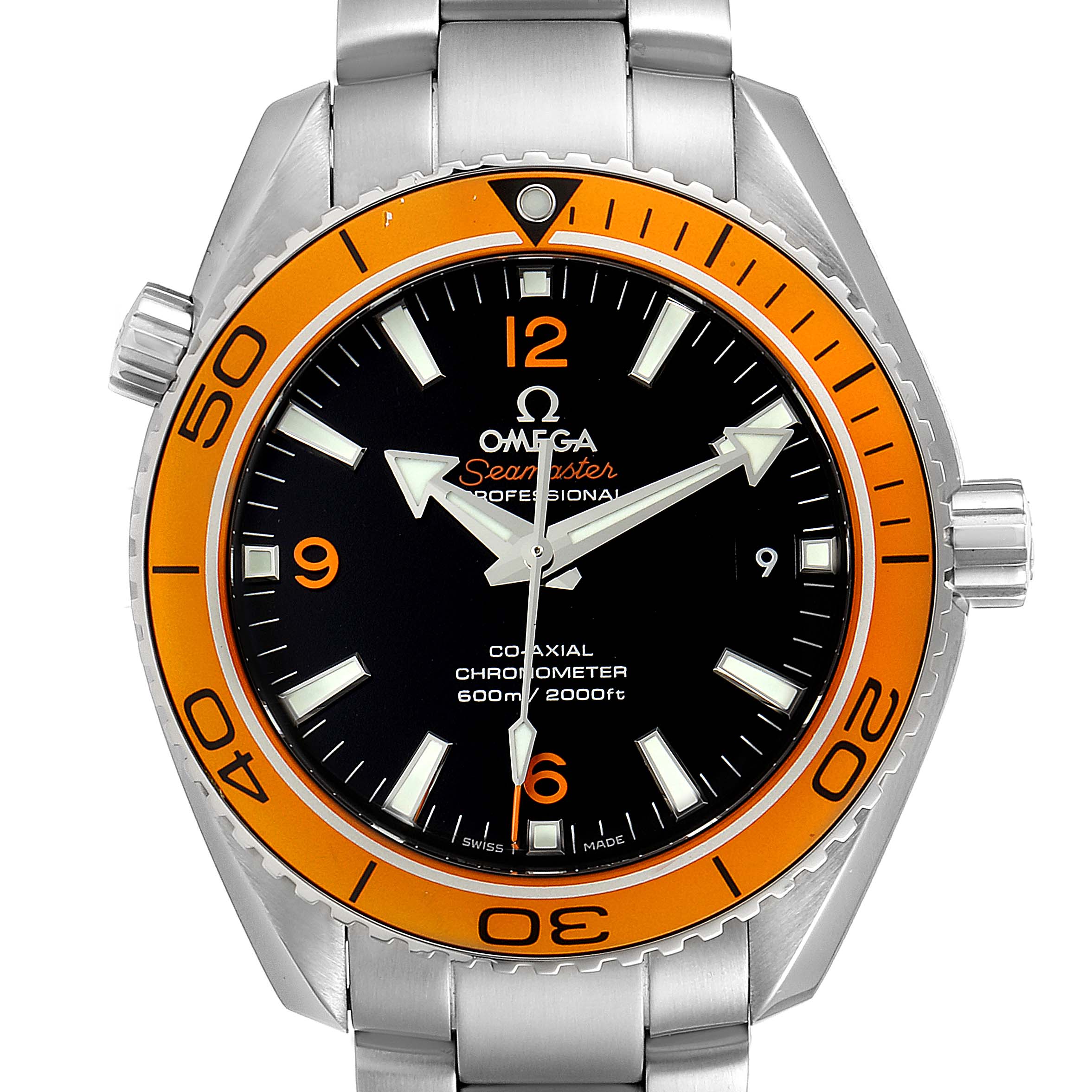 This image shows the front view of the Omega Planet Ocean 232.30.42.21.01.002 Men's Stainless Steel Black Dial 232.30.42.21.01.002 Men's Stainless Steel Black Dial watch, highlighting its orange bezel and stainless steel bracelet.