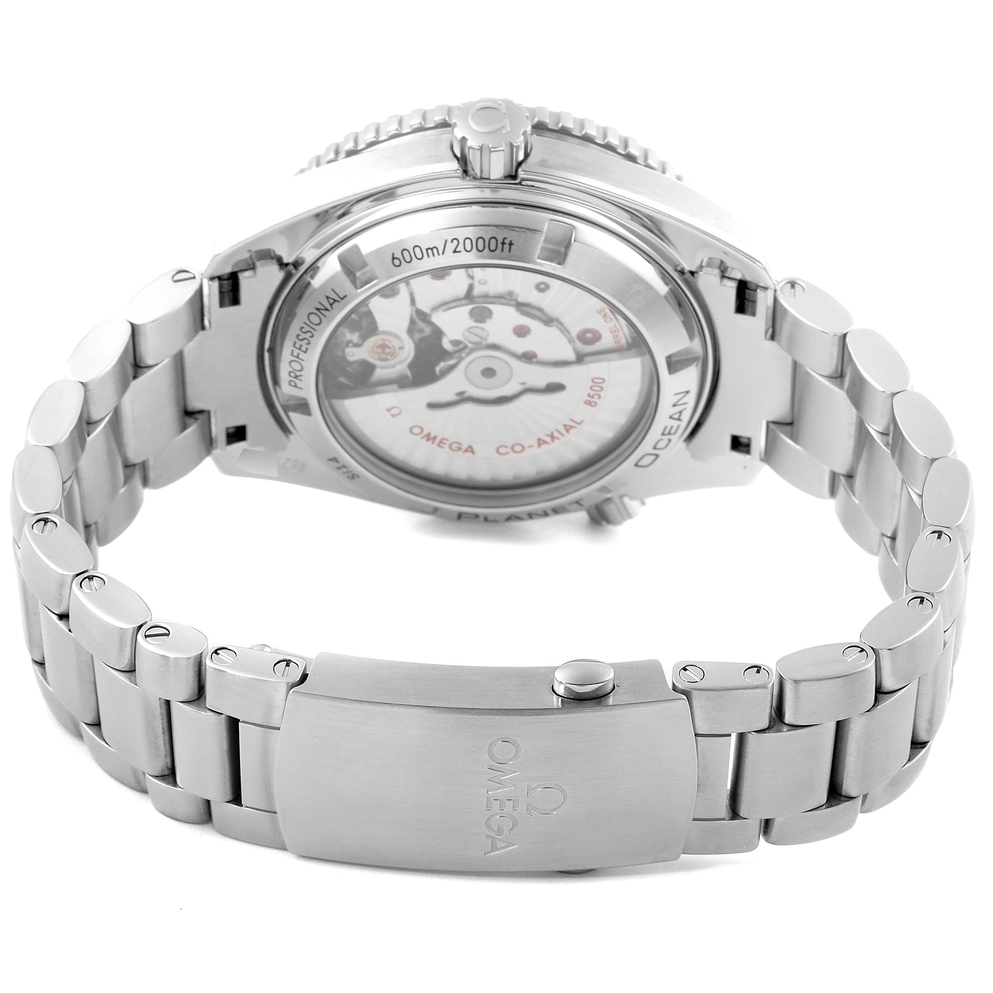 The image shows the Omega Planet Ocean 232.30.42.21.01.002 Men's Stainless Steel Black Dial 232.30.42.21.01.002 Men's Stainless Steel Black Dial watch from a rear angle, highlighting the back case and metal bracelet.