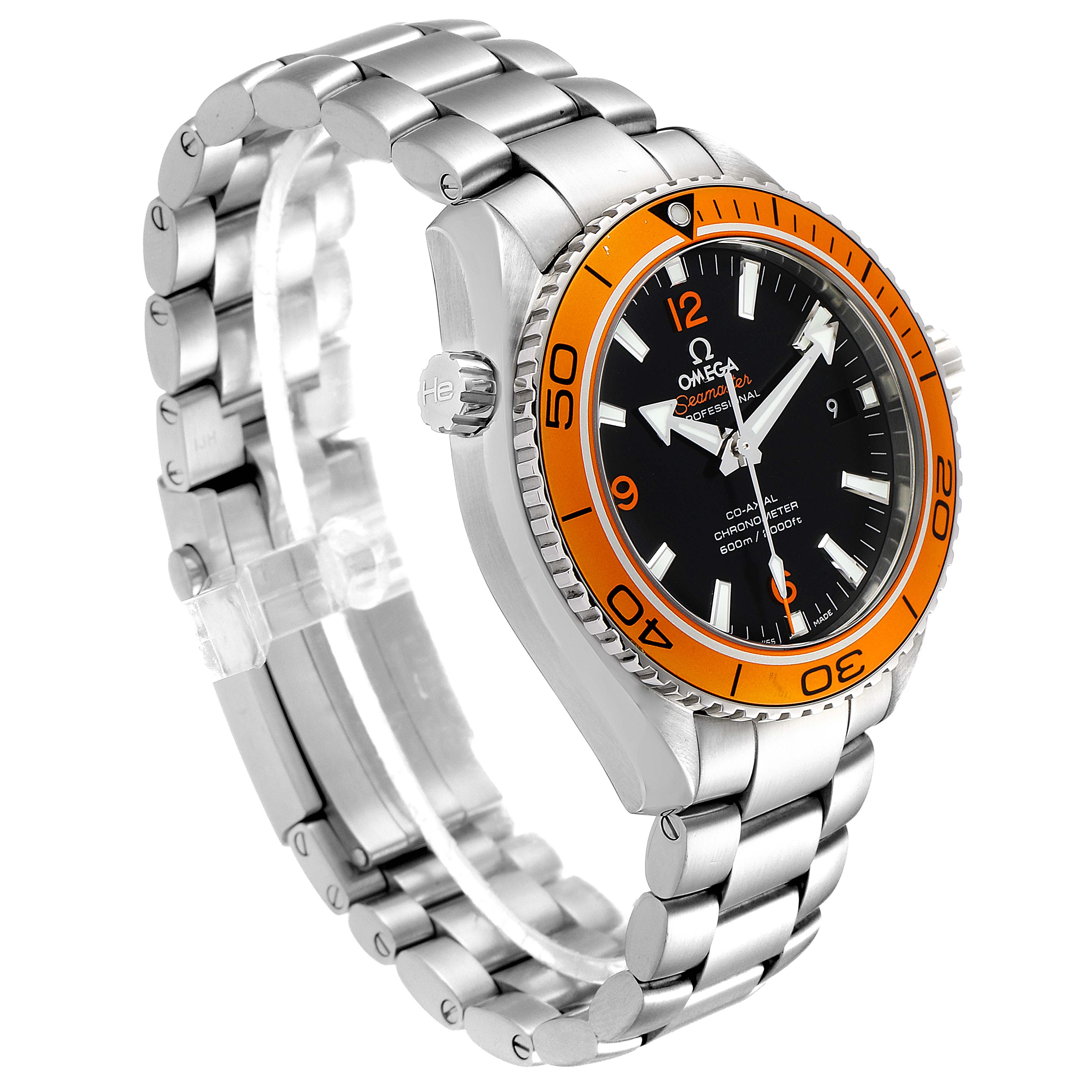 This Omega Planet Ocean 232.30.42.21.01.002 Men's Stainless Steel Black Dial 232.30.42.21.01.002 Men's Stainless Steel Black Dial watch is shown at a front-side angle displaying its orange bezel and stainless steel bracelet.
