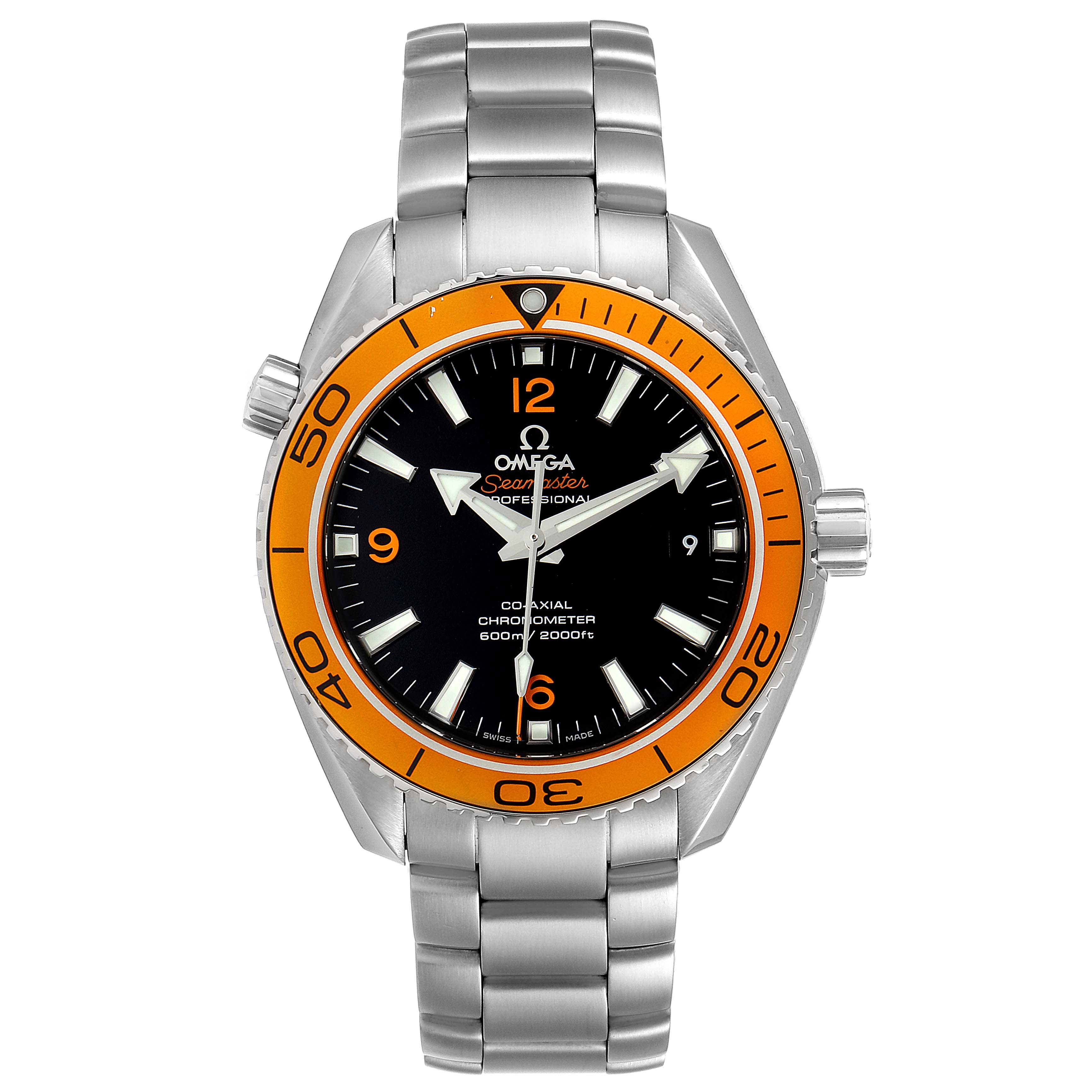 The Omega Planet Ocean 232.30.42.21.01.002 Men's Stainless Steel Black Dial 232.30.42.21.01.002 Men's Stainless Steel Black Dial watch is shown from the front, highlighting its orange bezel, black dial, and stainless steel bracelet.