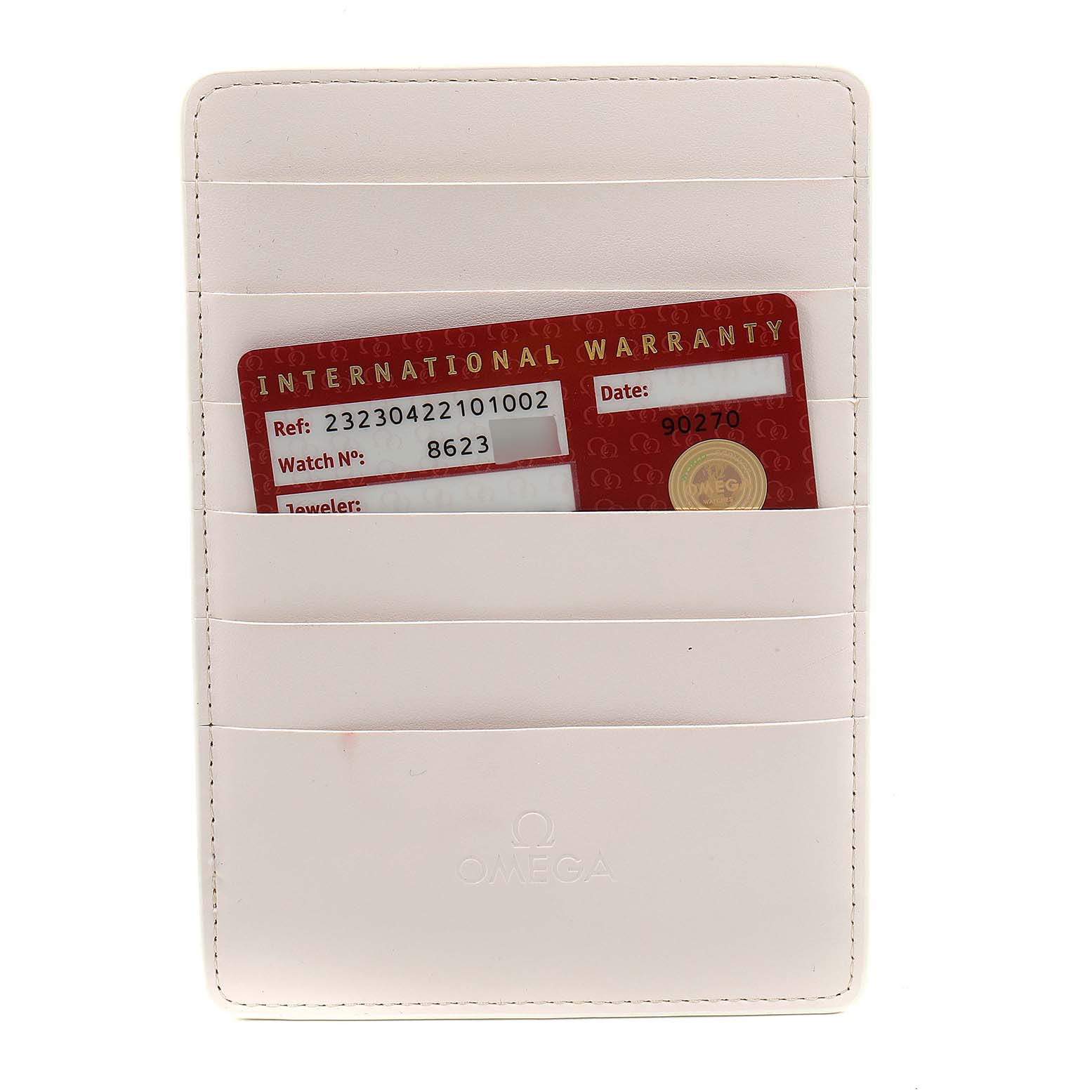 The image shows an Omega Planet Ocean 232.30.42.21.01.002 Men's Stainless Steel Black Dial 232.30.42.21.01.002 Men's Stainless Steel Black Dial International Warranty cardholder.