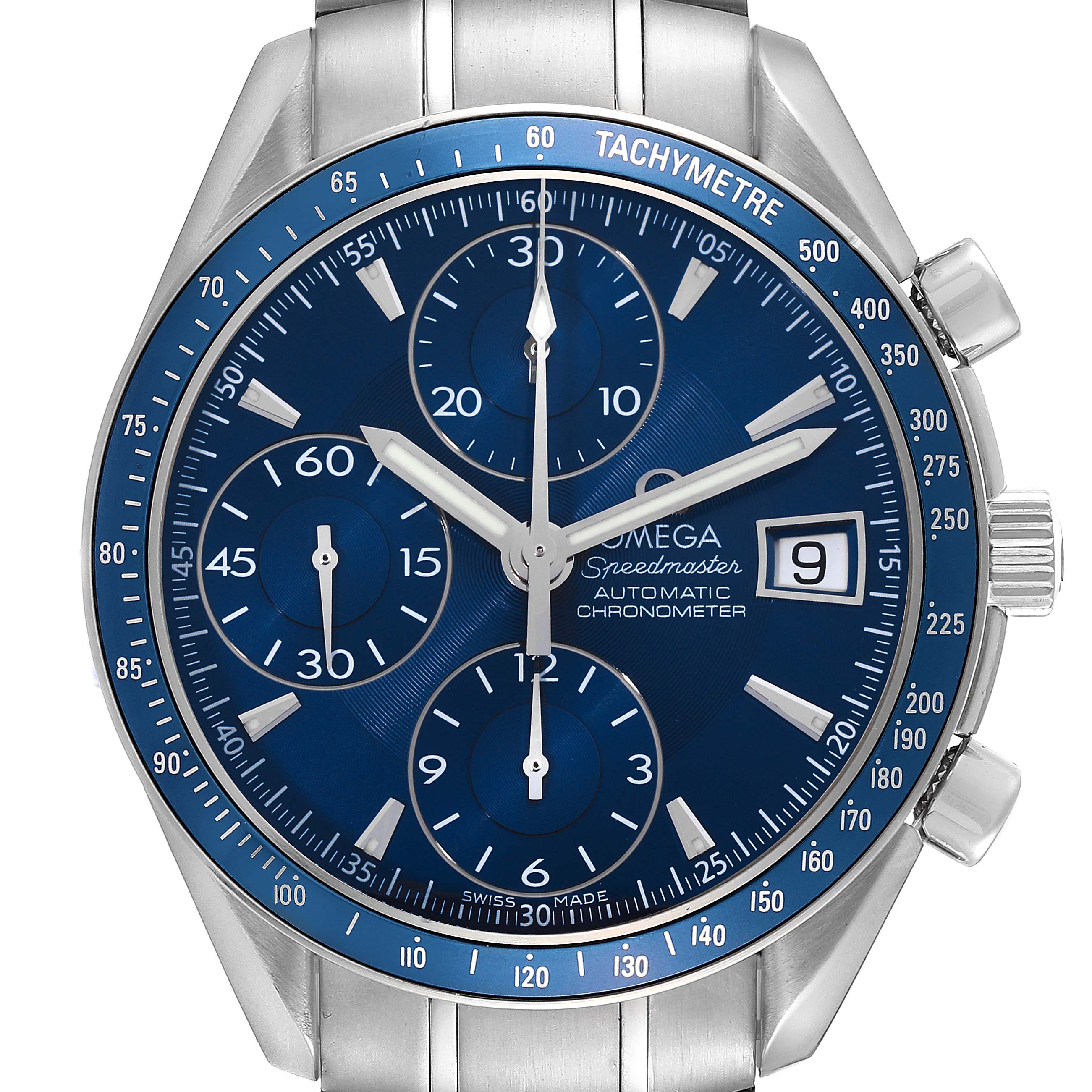 The image shows a frontal view of an Omega Speedmaster 3212.80.00 Men's Stainless Steel Blue Dial 3212.80.00 Men's Stainless Steel Blue Dial, highlighting its blue dial, chronograph subdials, and date window.