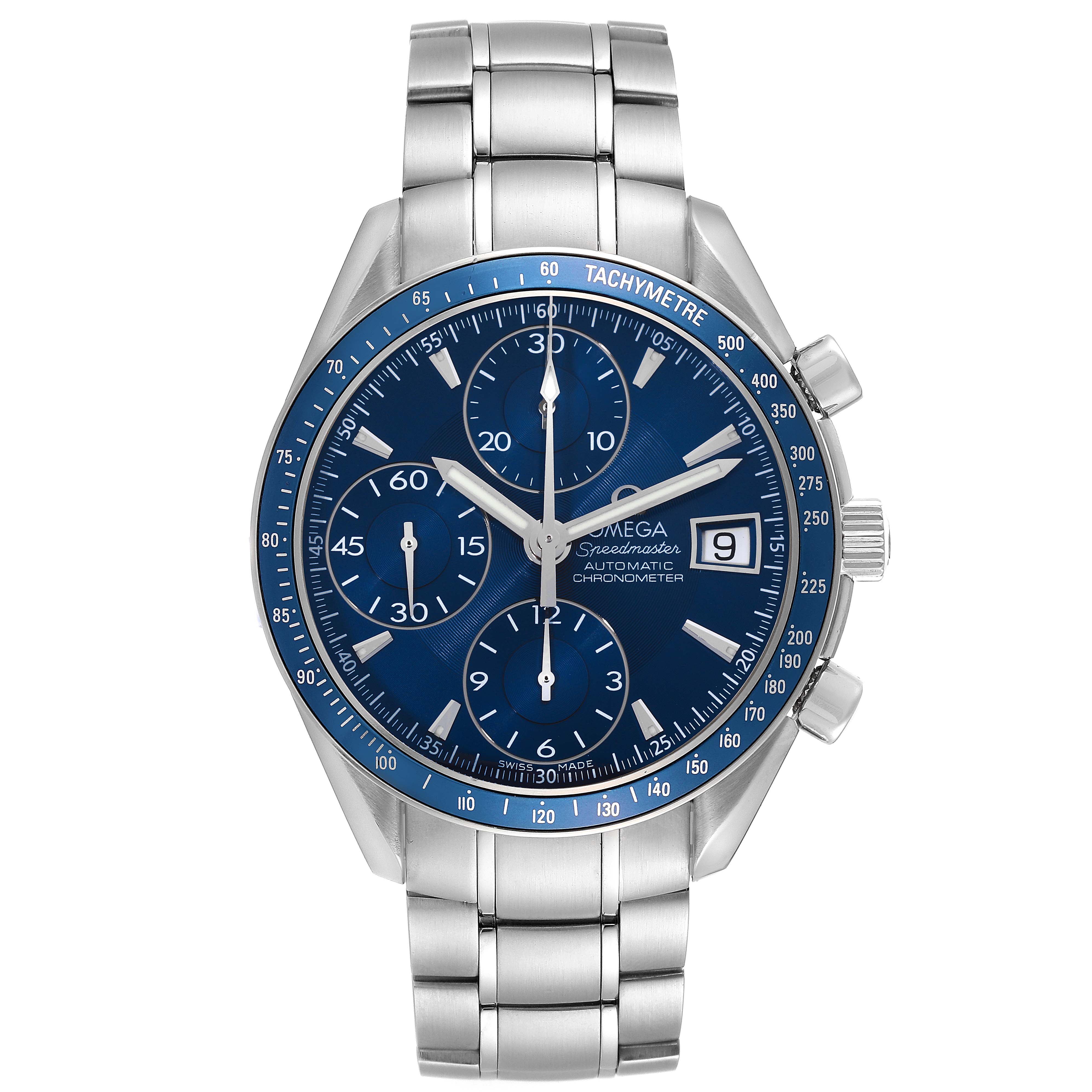 The image shows a front view of the Omega Speedmaster 3212.80.00 Men's Stainless Steel Blue Dial 3212.80.00 Men's Stainless Steel Blue Dial watch with a blue dial, stainless steel bracelet, and chronograph subdials.