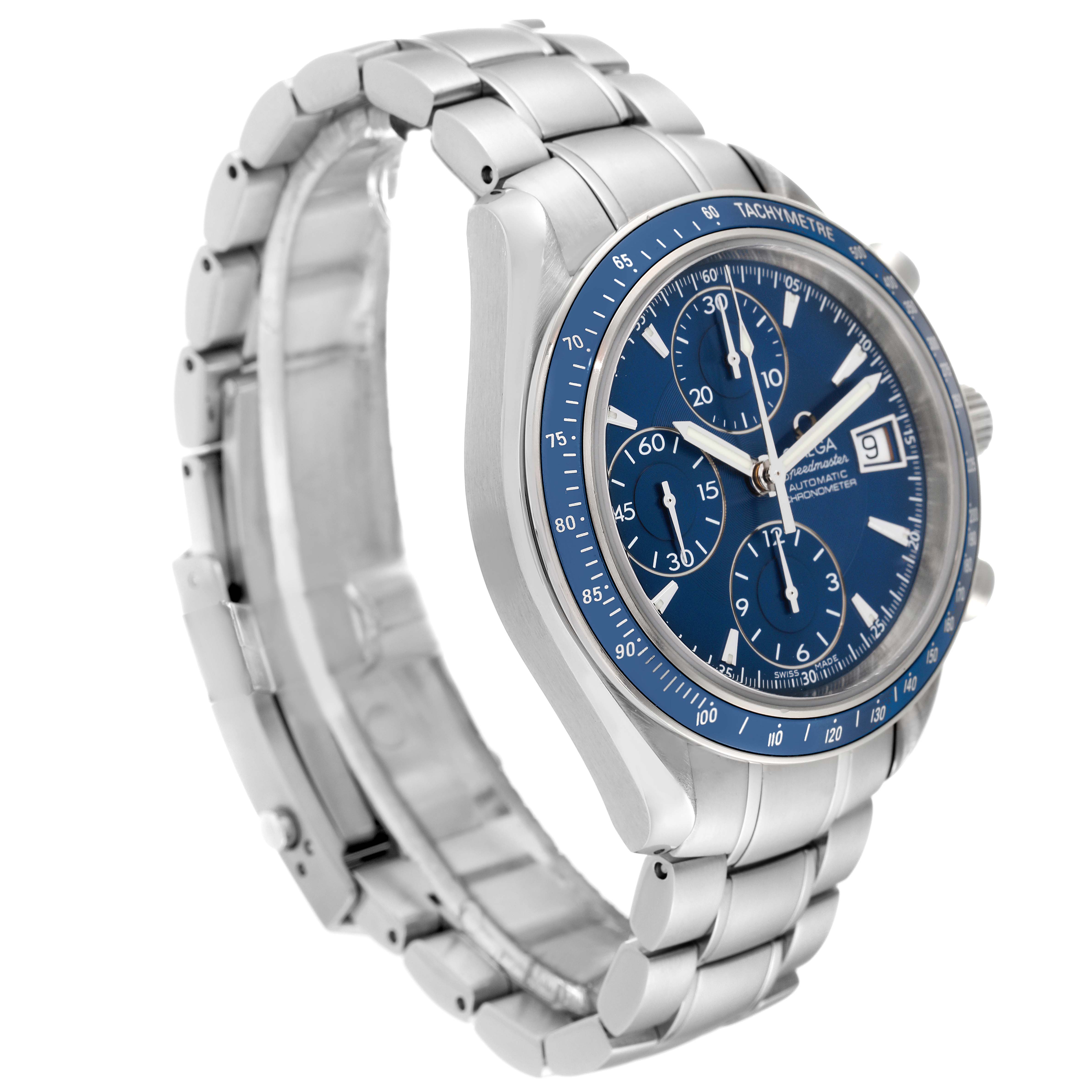 The image shows a side angle of the Omega Speedmaster 3212.80.00 Men's Stainless Steel Blue Dial 3212.80.00 Men's Stainless Steel Blue Dial watch, highlighting its blue dial, tachymeter bezel, and stainless steel bracelet.