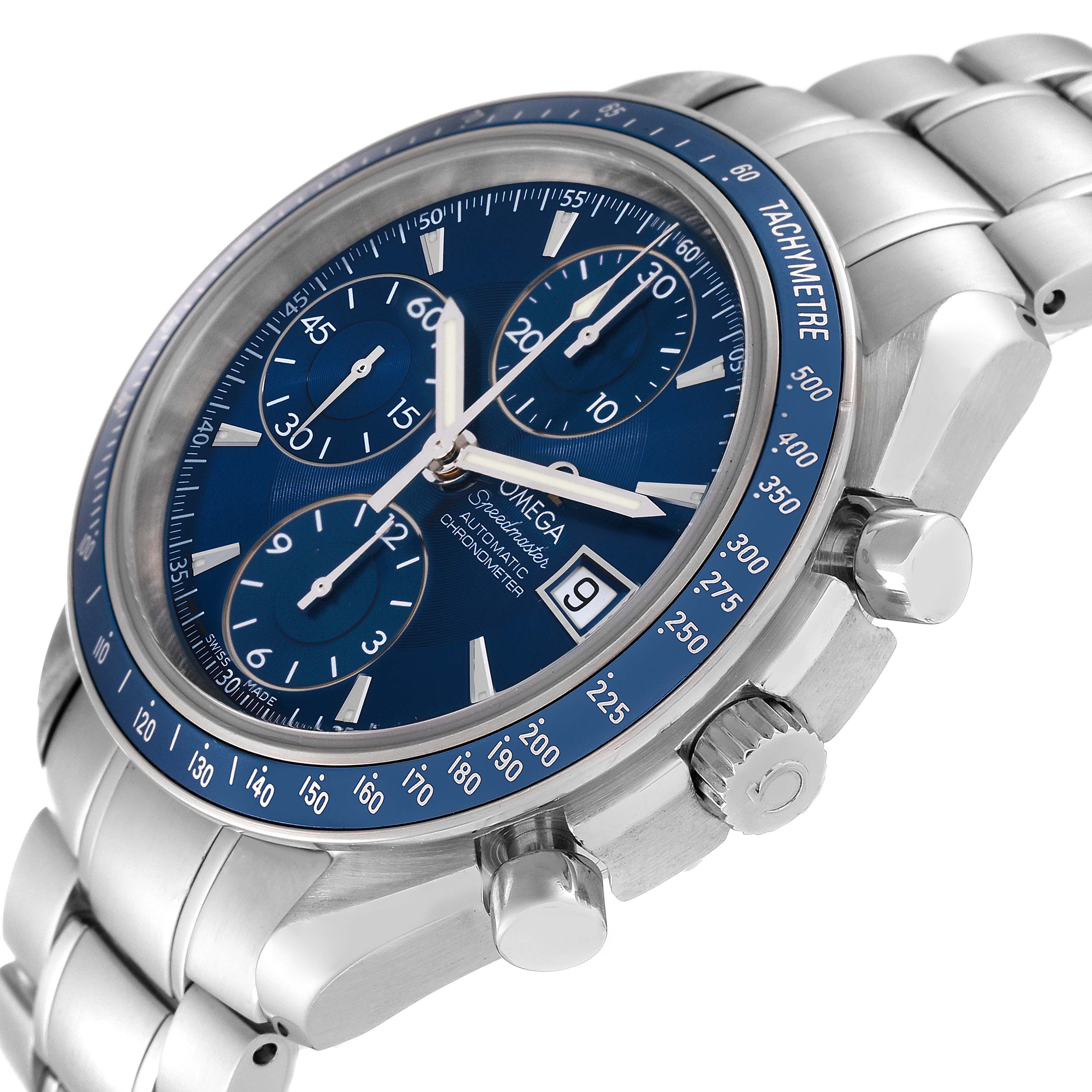 The image shows an angled view of the Omega Speedmaster 3212.80.00 Men's Stainless Steel Blue Dial 3212.80.00 Men's Stainless Steel Blue Dial watch, highlighting the dial, bezel, crown, and bracelet.