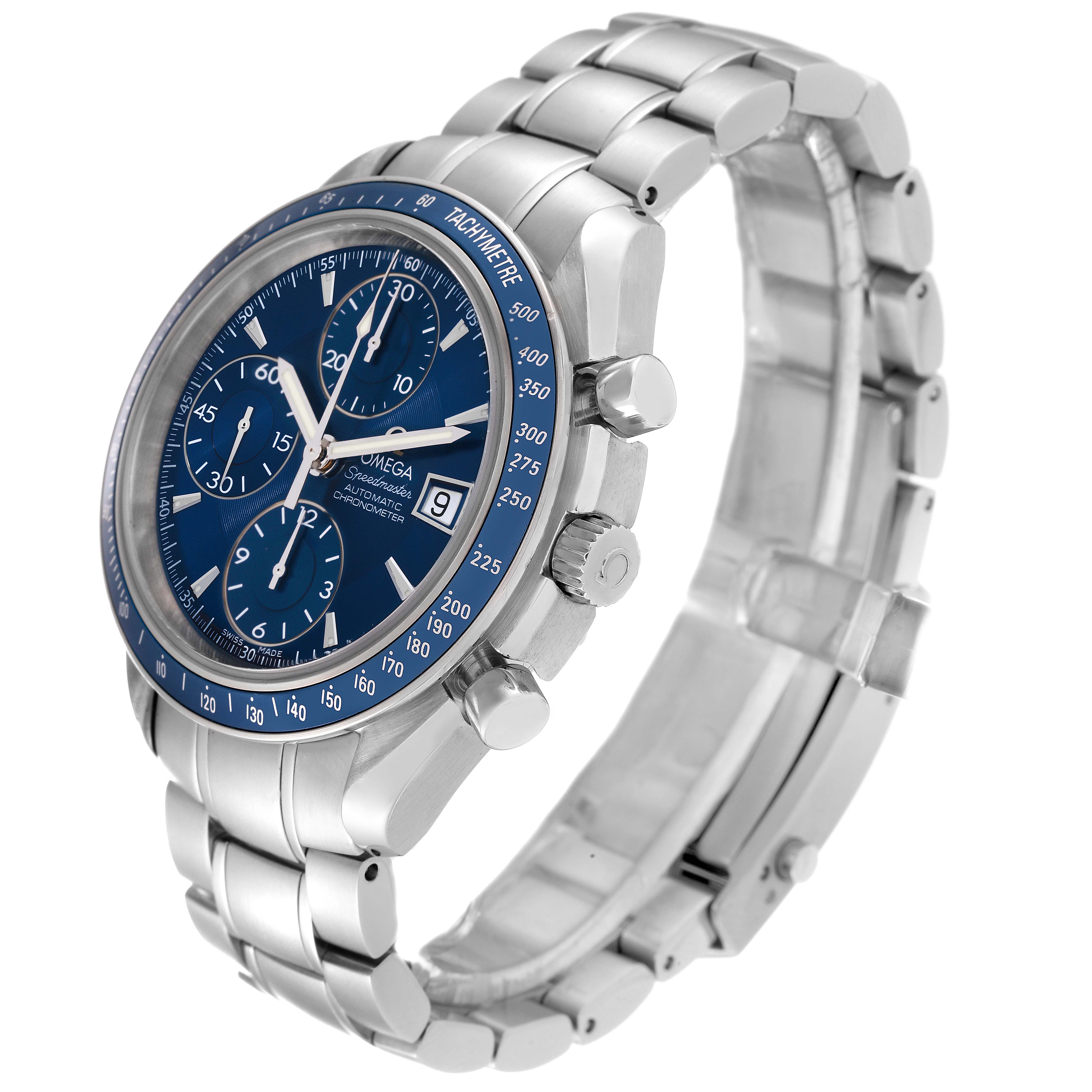 The image shows an Omega Speedmaster 3212.80.00 Men's Stainless Steel Blue Dial 3212.80.00 Men's Stainless Steel Blue Dial watch at a slight side angle, highlighting the dial, crown, and bracelet.