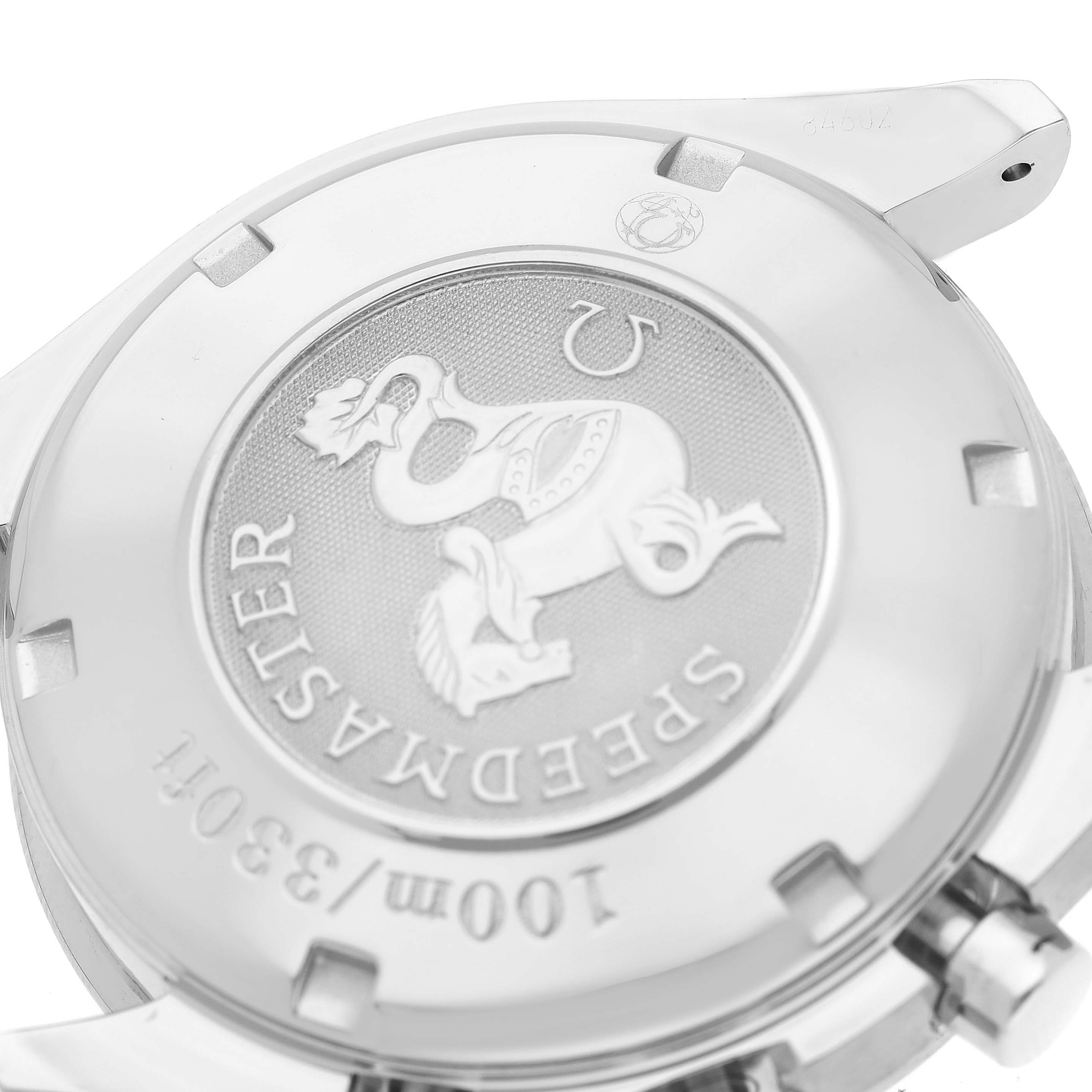 The image shows a close-up of the case back of an Omega Speedmaster 3212.80.00 Men's Stainless Steel Blue Dial 3212.80.00 Men's Stainless Steel Blue Dial watch.