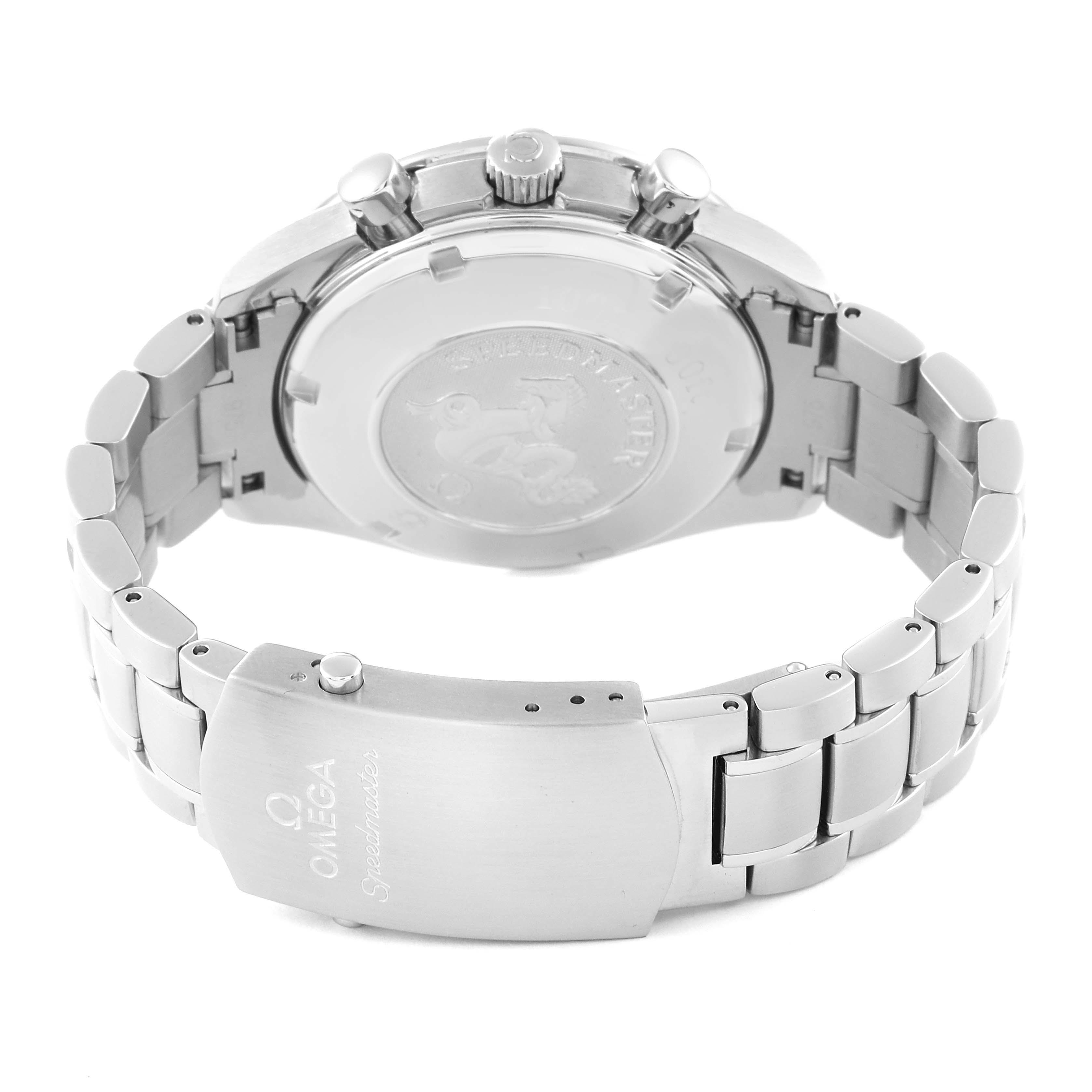 The image shows the rear view of an Omega Speedmaster 3212.80.00 Men's Stainless Steel Blue Dial 3212.80.00 Men's Stainless Steel Blue Dial watch, highlighting the case back, crown, pushers, and metal bracelet with clasp.