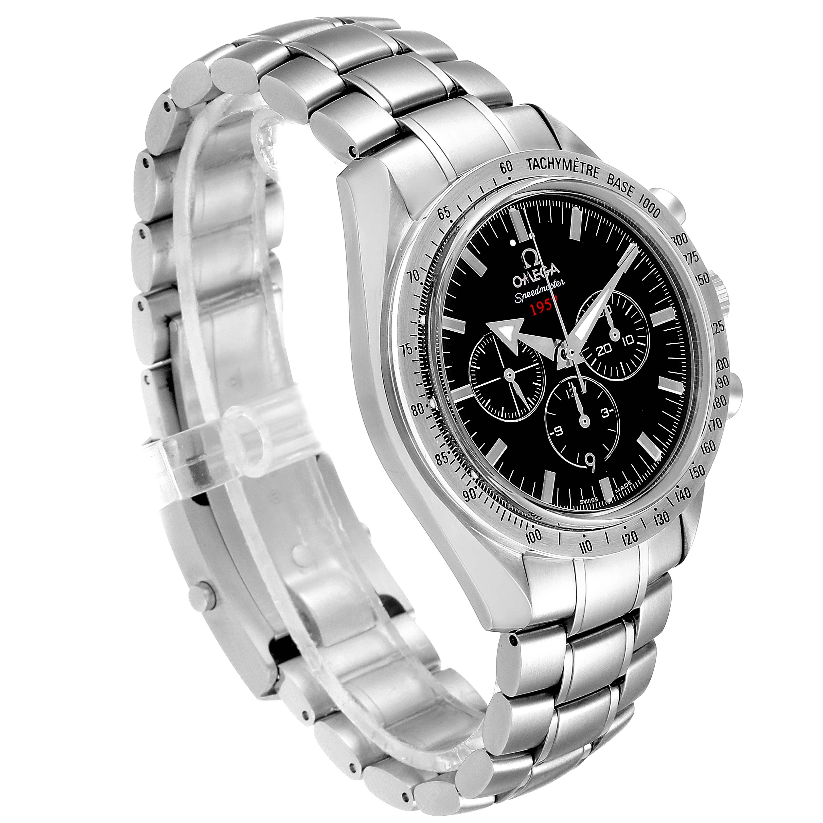 The Omega Speedmaster 321.10.42.50.01.001 Men
s Stainless Steel Black Dial 321.10.42.50.01.001 Men
s Stainless Steel Black Dial watch is shown at a three-quarter angle, displaying the face, bezel, and stainless steel bracelet.