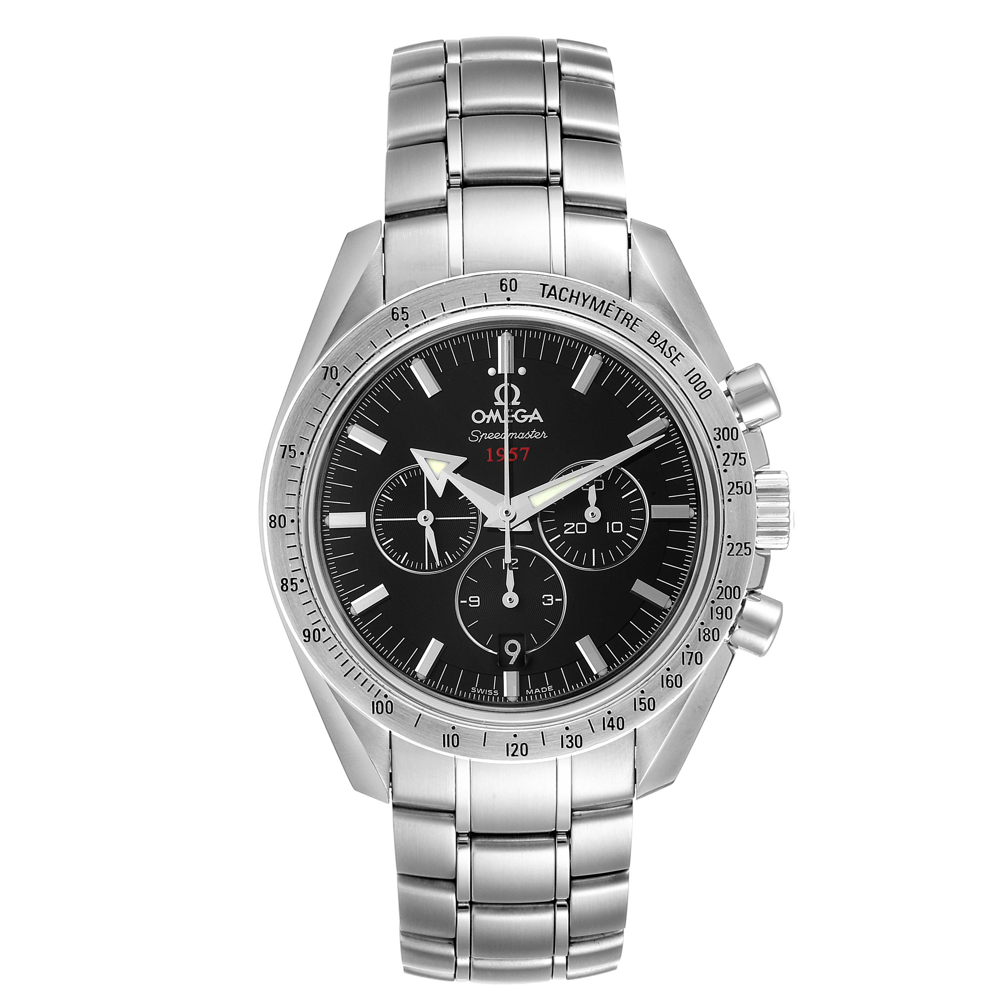 The image shows a front view of the Omega Speedmaster 321.10.42.50.01.001 Men
s Stainless Steel Black Dial 321.10.42.50.01.001 Men
s Stainless Steel Black Dial watch, displaying the bezel, dial, crown, pushers, and stainless steel bracelet.