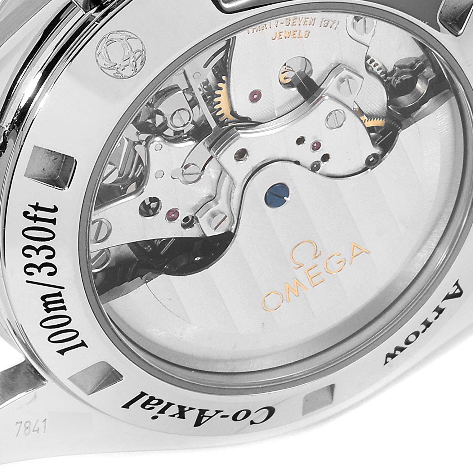 This Omega Speedmaster 321.10.42.50.01.001 Men
s Stainless Steel Black Dial 321.10.42.50.01.001 Men
s Stainless Steel Black Dial watch is shown from the back, displaying its movement and inner mechanics through a transparent case back.