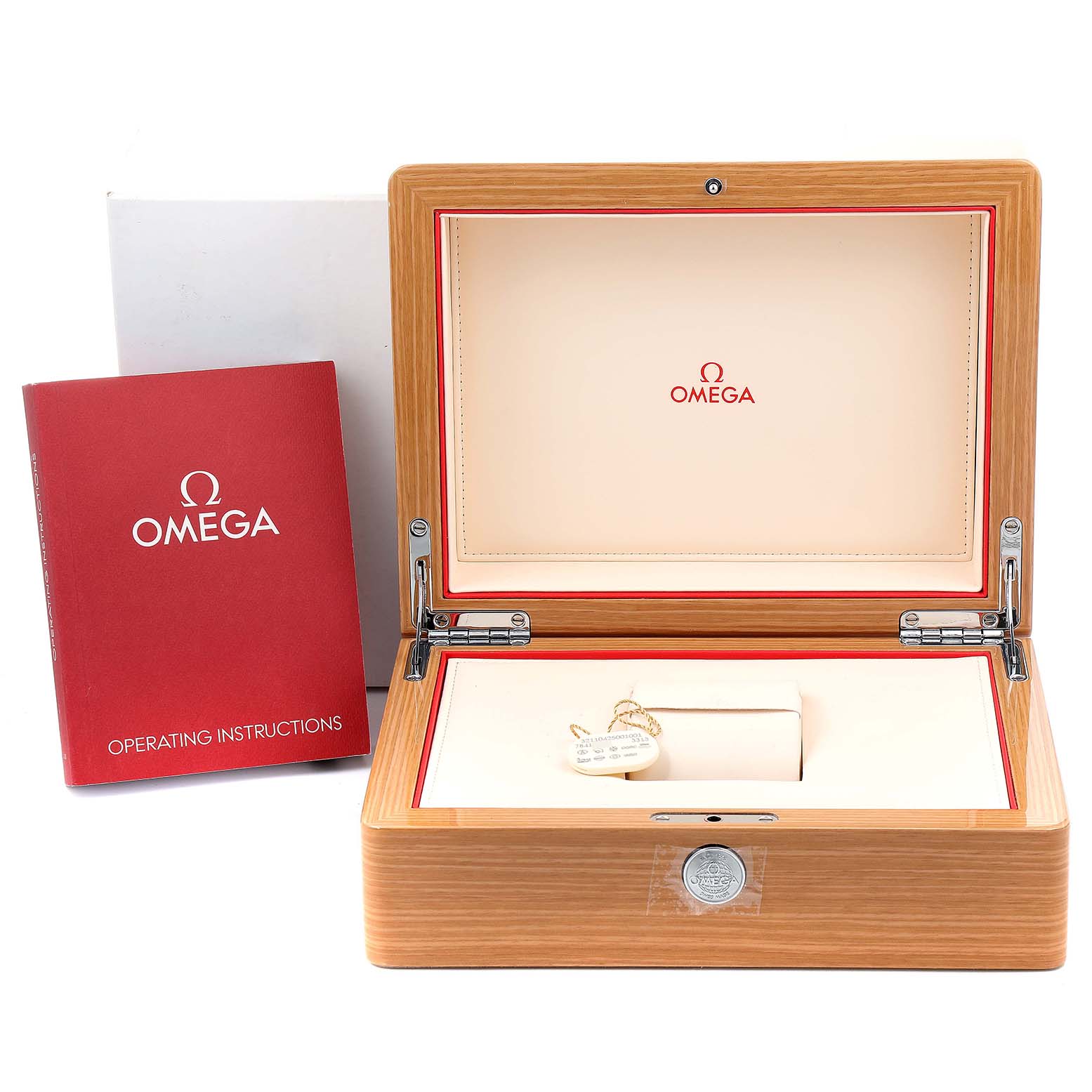 The image shows the packaging for an Omega Speedmaster 321.10.42.50.01.001 Men
s Stainless Steel Black Dial 321.10.42.50.01.001 Men
s Stainless Steel Black Dial watch, including a wooden box and an operating instructions booklet.