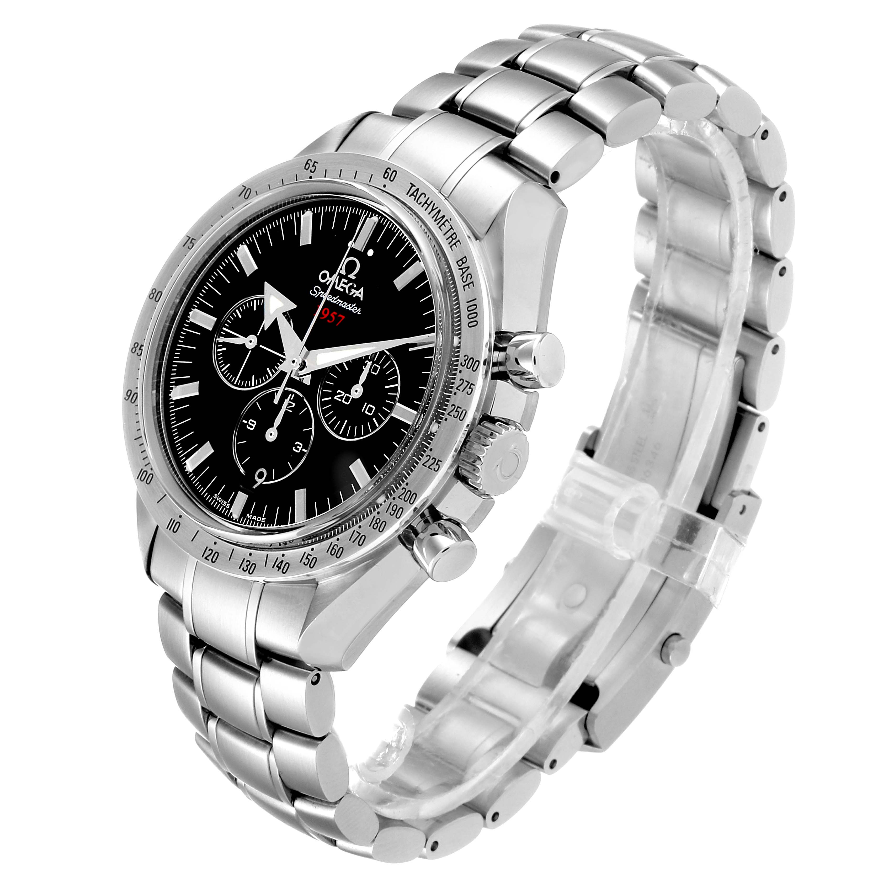 The Omega Speedmaster 321.10.42.50.01.001 Men
s Stainless Steel Black Dial 321.10.42.50.01.001 Men
s Stainless Steel Black Dial watch is shown at an oblique angle, highlighting its dial, bezel, crown, pushers, and bracelet.