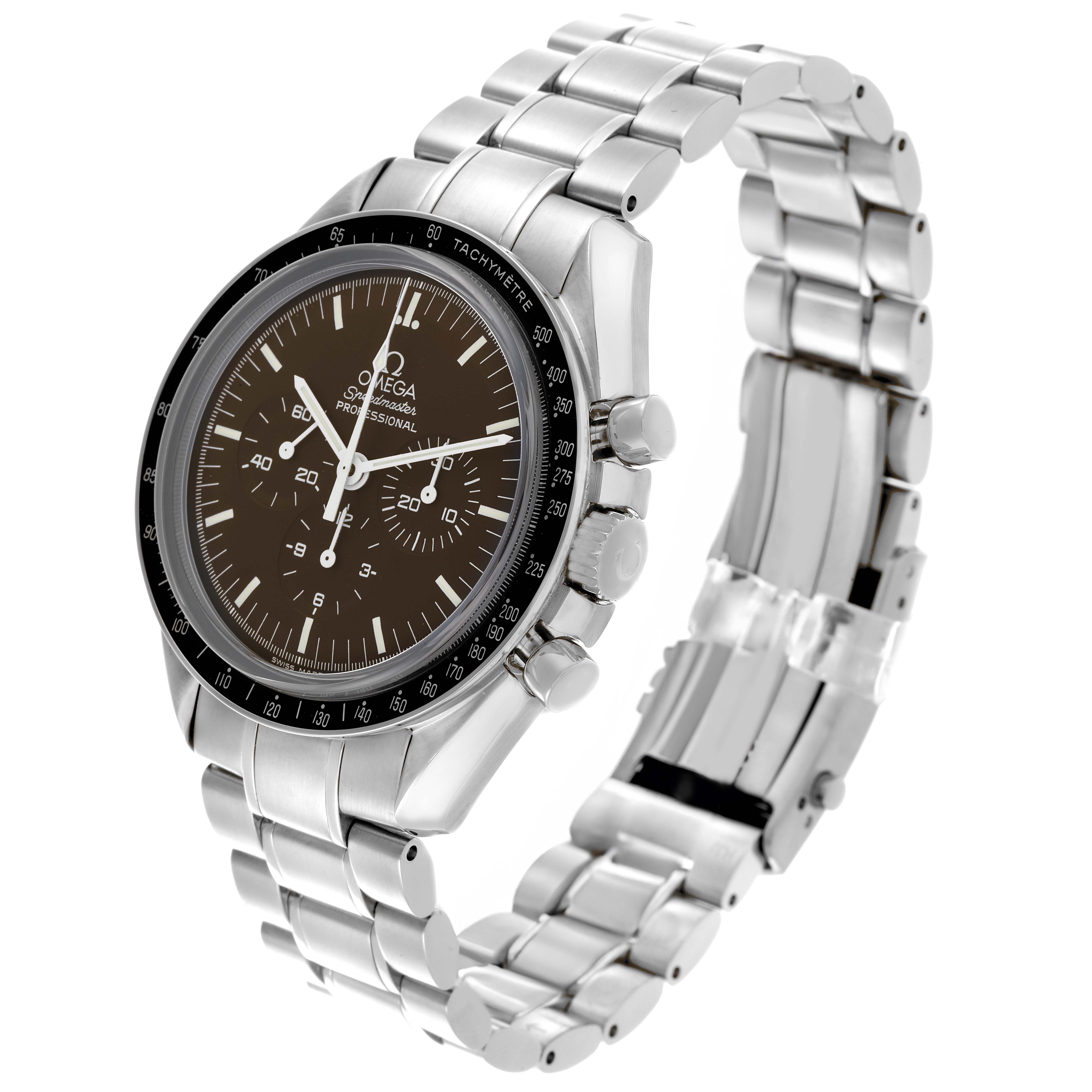 The Omega Speedmaster 311.30.42.30.13.001 Men's Stainless Steel Brown Dial 311.30.42.30.13.001 Men's Stainless Steel Brown Dial is shown at a three-quarter angle, displaying the face, bezel, crown, and full bracelet.