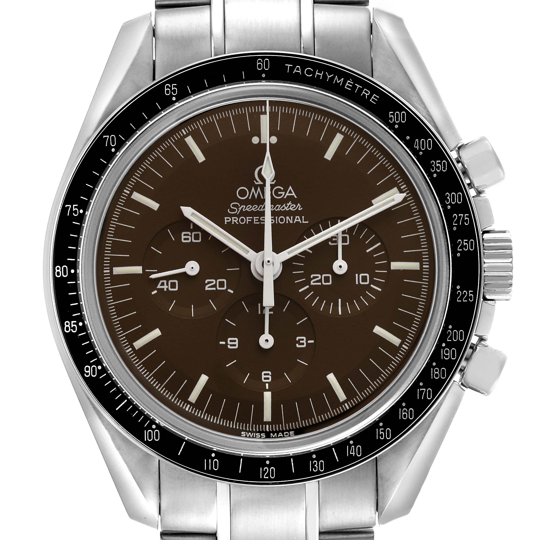 The Omega Speedmaster 311.30.42.30.13.001 Men's Stainless Steel Brown Dial 311.30.42.30.13.001 Men's Stainless Steel Brown Dial watch is shown from the front, highlighting the face, bezel, and pushers.