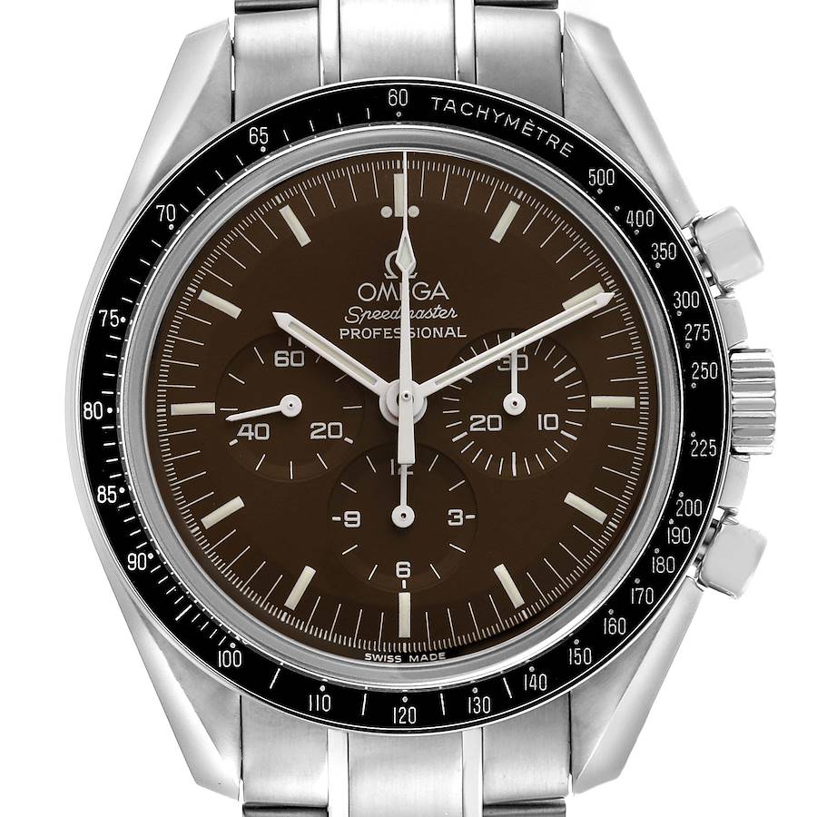 The Omega Speedmaster watch is shown from the front, highlighting the face, bezel, and pushers.