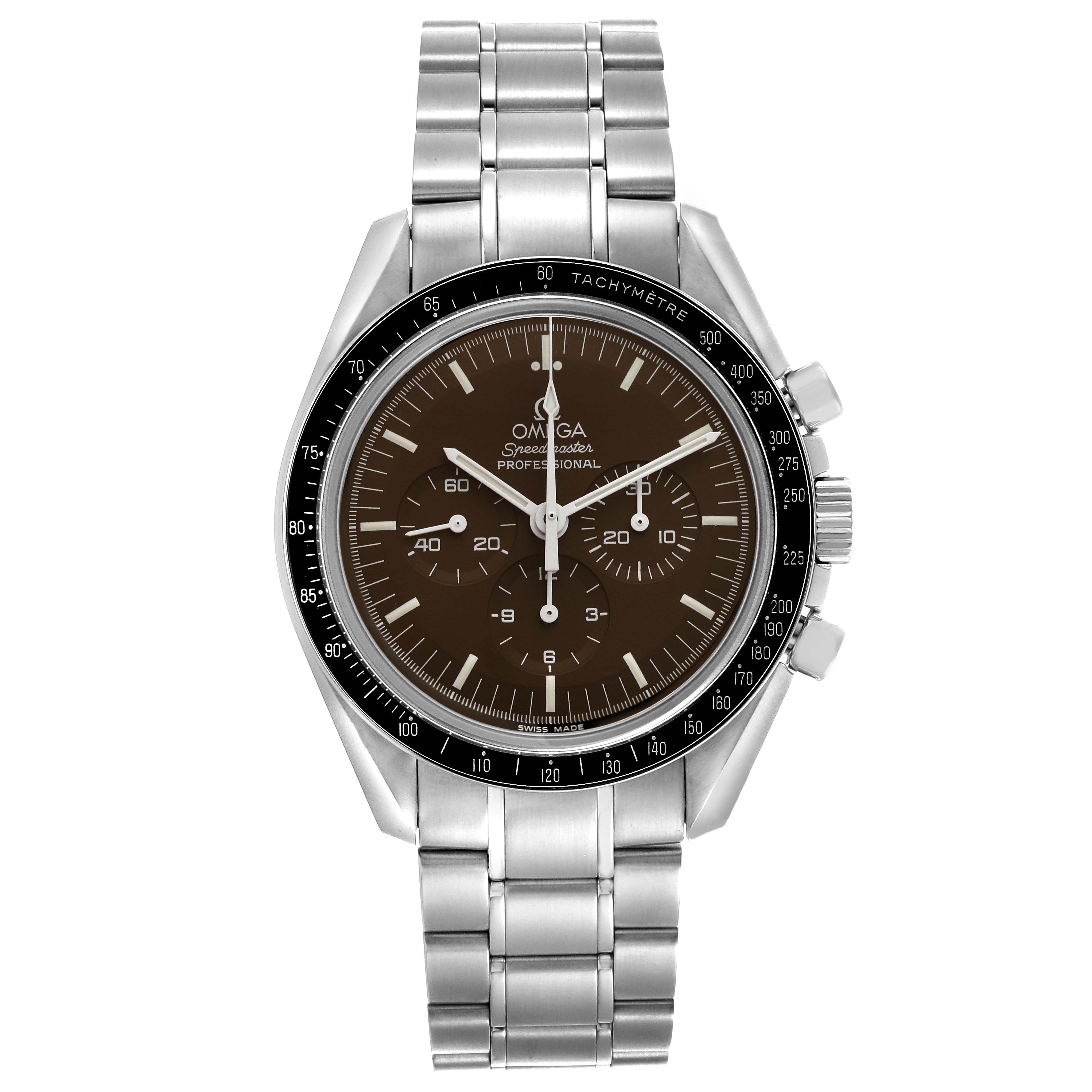 The Omega Speedmaster 311.30.42.30.13.001 Men's Stainless Steel Brown Dial 311.30.42.30.13.001 Men's Stainless Steel Brown Dial watch is shown from the front, displaying its face, bezel, and metal bracelet.