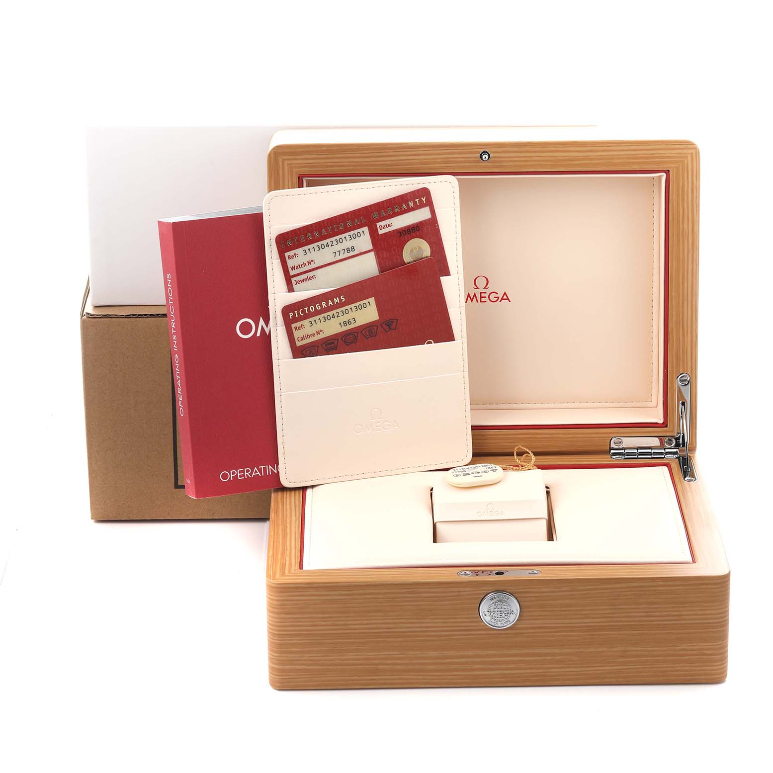 The Omega Speedmaster 311.30.42.30.13.001 Men's Stainless Steel Brown Dial 311.30.42.30.13.001 Men's Stainless Steel Brown Dial accessories include a wooden box, instruction booklet, warranty cards, and cardholder, viewed from the front.