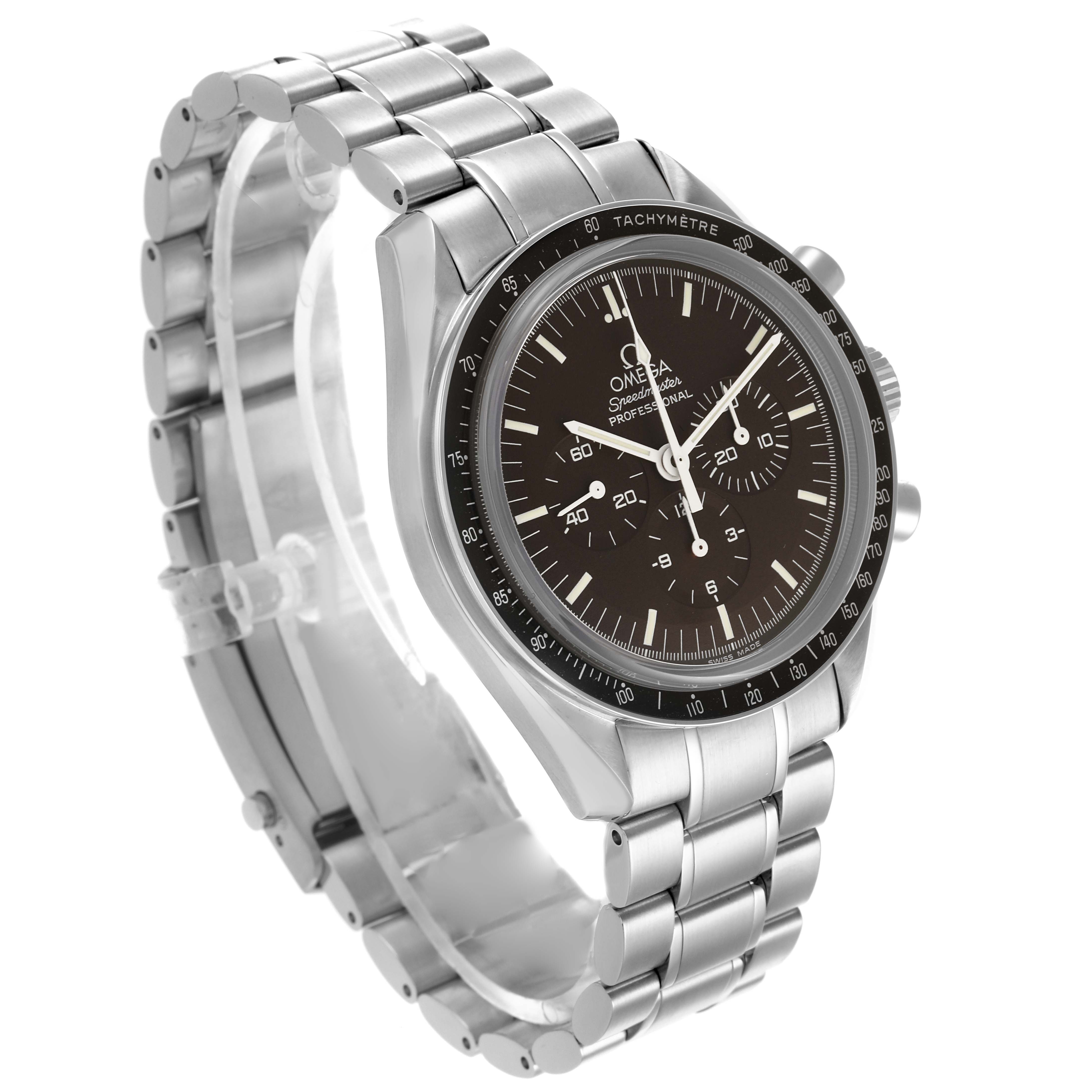 The Omega Speedmaster 311.30.42.30.13.001 Men's Stainless Steel Brown Dial 311.30.42.30.13.001 Men's Stainless Steel Brown Dial watch is shown at a three-quarter angle, highlighting the face, bezel, and stainless steel bracelet.