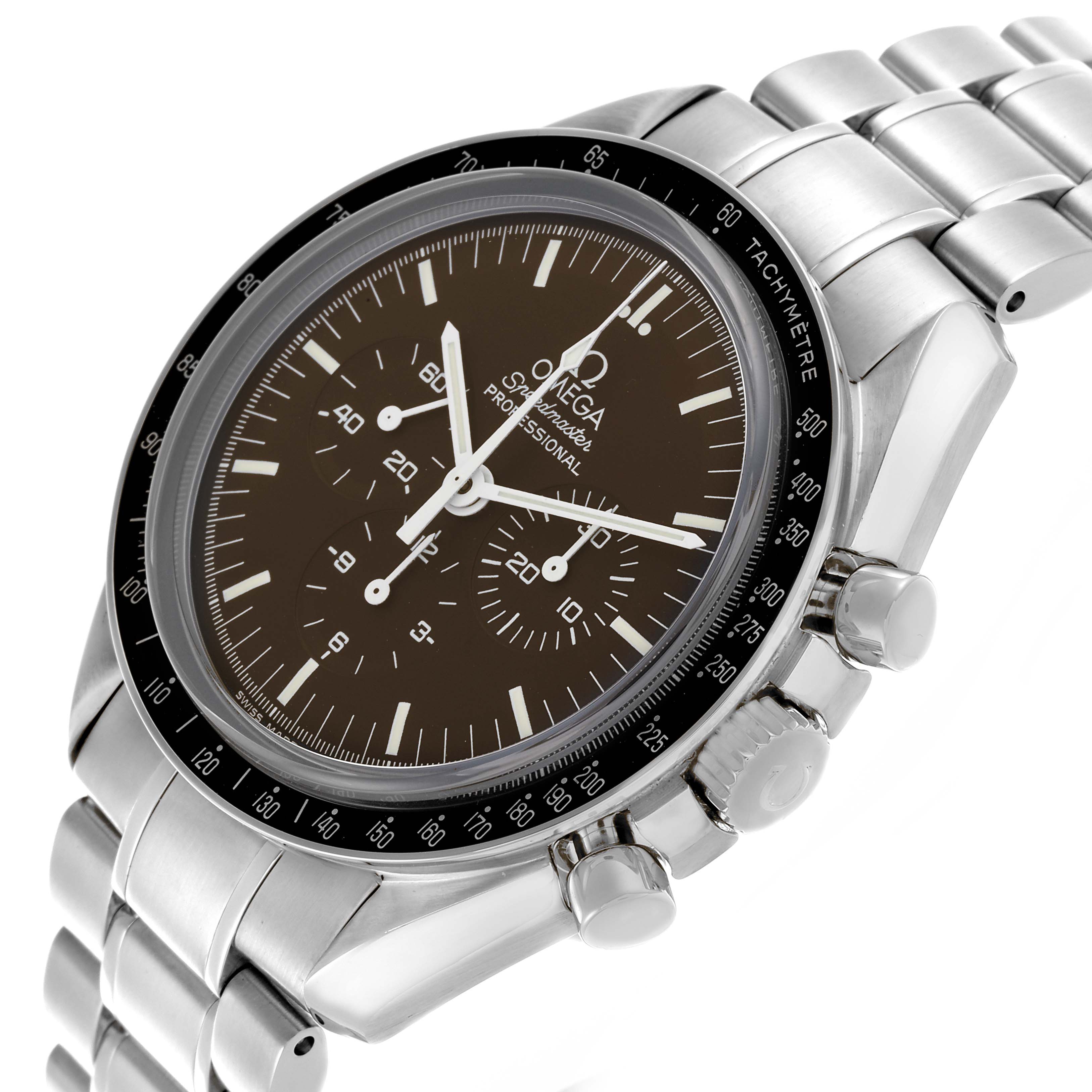 The Omega Speedmaster 311.30.42.30.13.001 Men's Stainless Steel Brown Dial 311.30.42.30.13.001 Men's Stainless Steel Brown Dial is shown at a three-quarter angle, displaying the dial, bezel, crown, pushers, and bracelet.