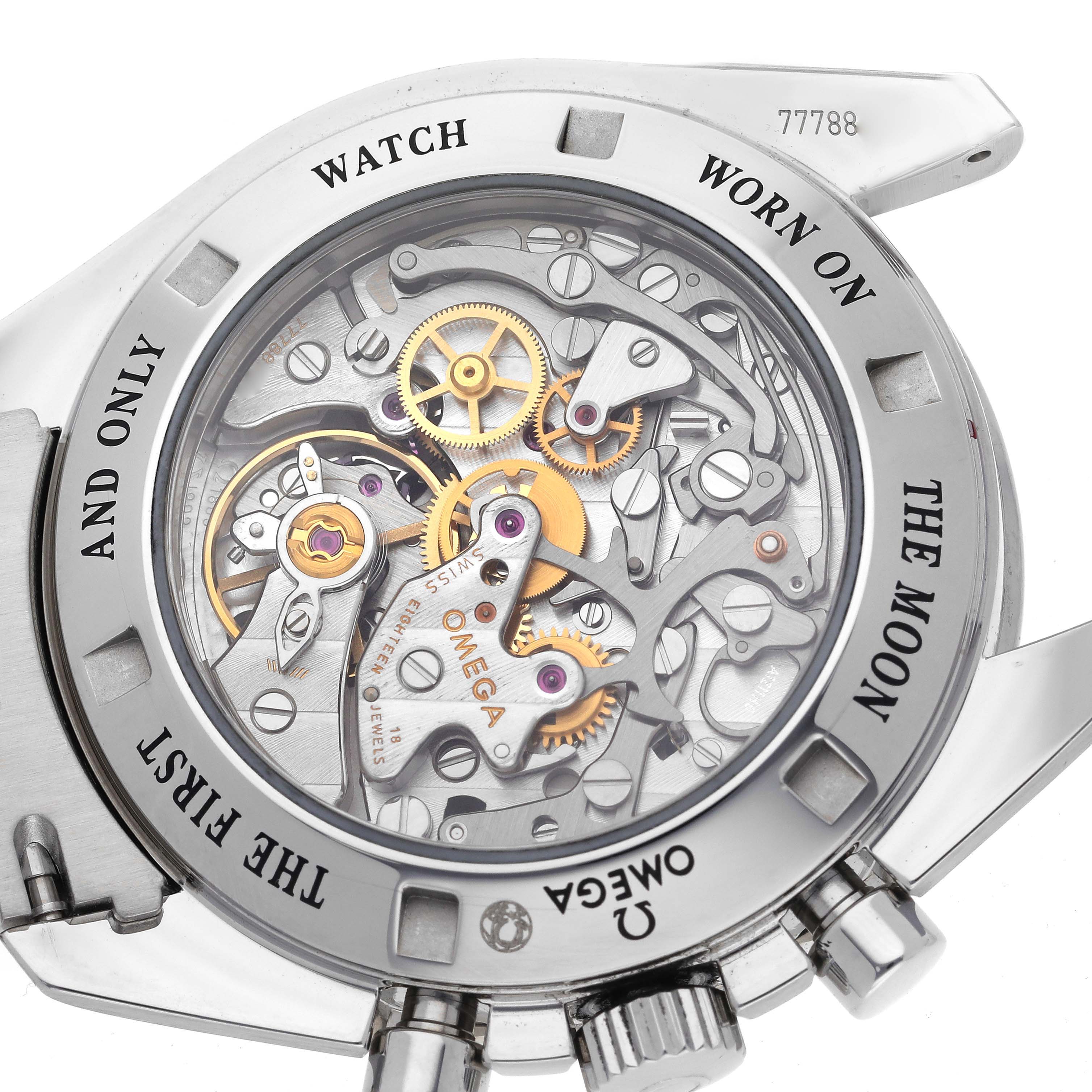 The image shows the back view of the Omega Speedmaster 311.30.42.30.13.001 Men's Stainless Steel Brown Dial 311.30.42.30.13.001 Men's Stainless Steel Brown Dial, highlighting the intricate movement and gears.