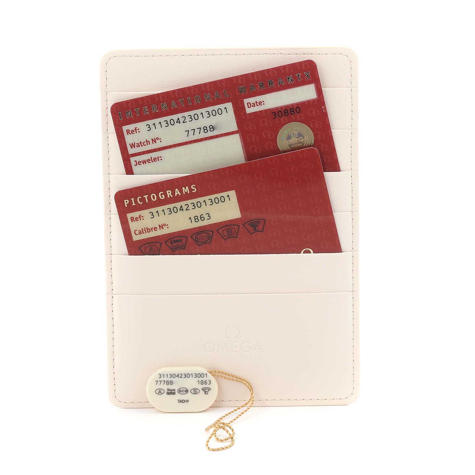 The image shows Omega Speedmaster 311.30.42.30.13.001 Men's Stainless Steel Brown Dial 311.30.42.30.13.001 Men's Stainless Steel Brown Dial warranty cards and a tag in a white cardholder.