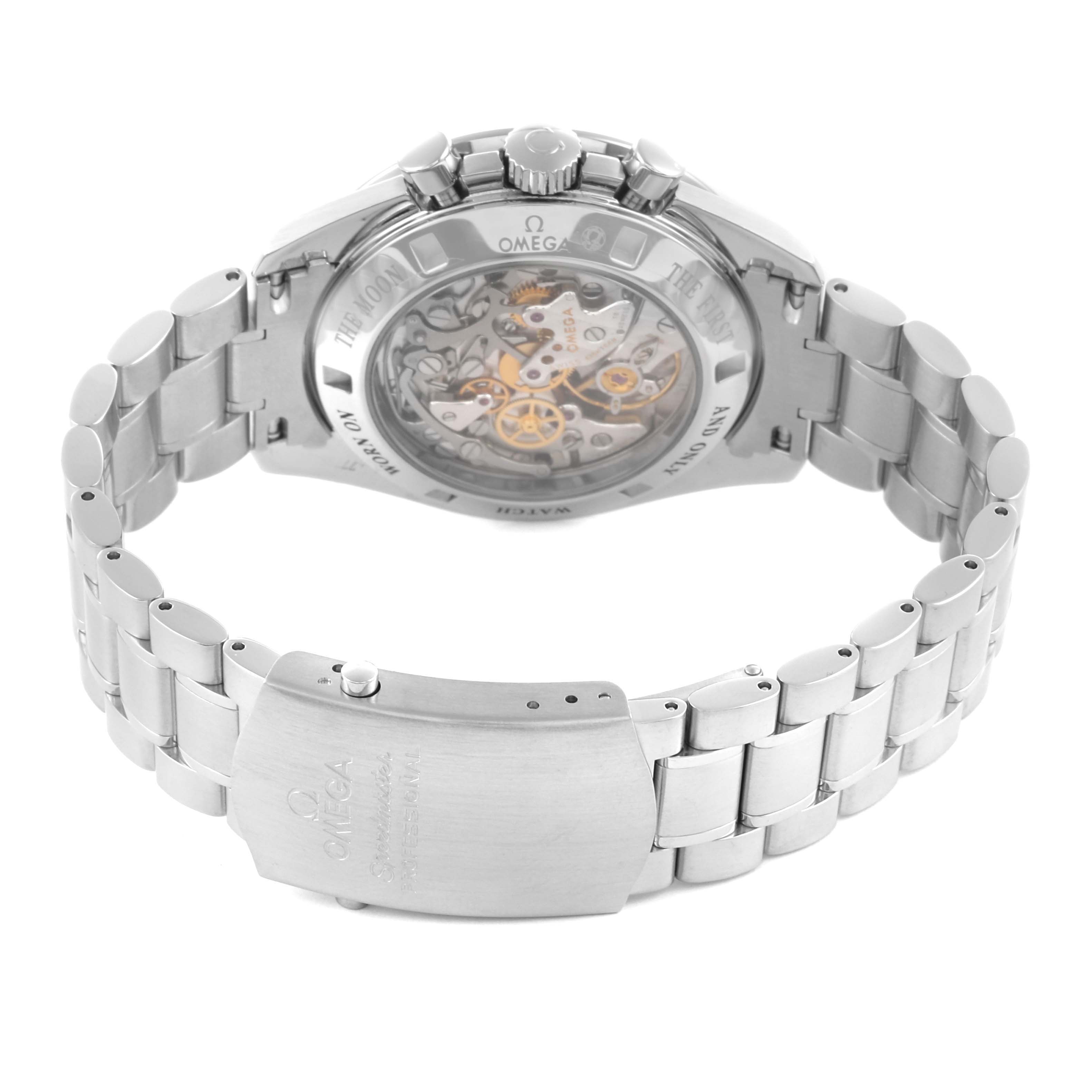 The image shows the back and bracelet of an Omega Speedmaster 311.30.42.30.13.001 Men's Stainless Steel Brown Dial 311.30.42.30.13.001 Men's Stainless Steel Brown Dial, highlighting its transparent case back and clasp.