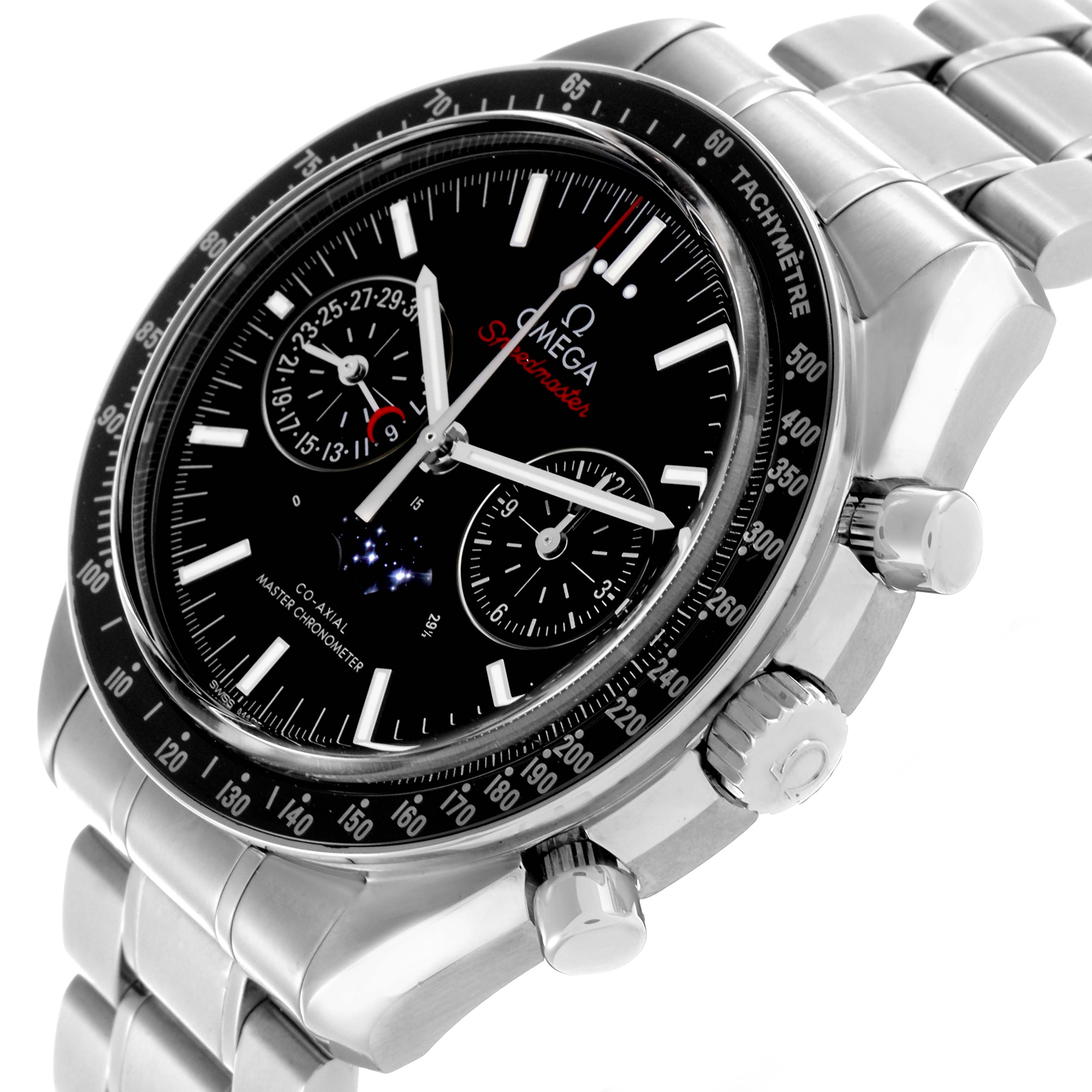 The Omega Seamaster 304.30.44.52.01.001 Men's Stainless Steel Black Dial 304.30.44.52.01.001 Men's Stainless Steel Black Dial watch is shown at a side angle, highlighting the bezel, crown, chronograph buttons, and bracelet.