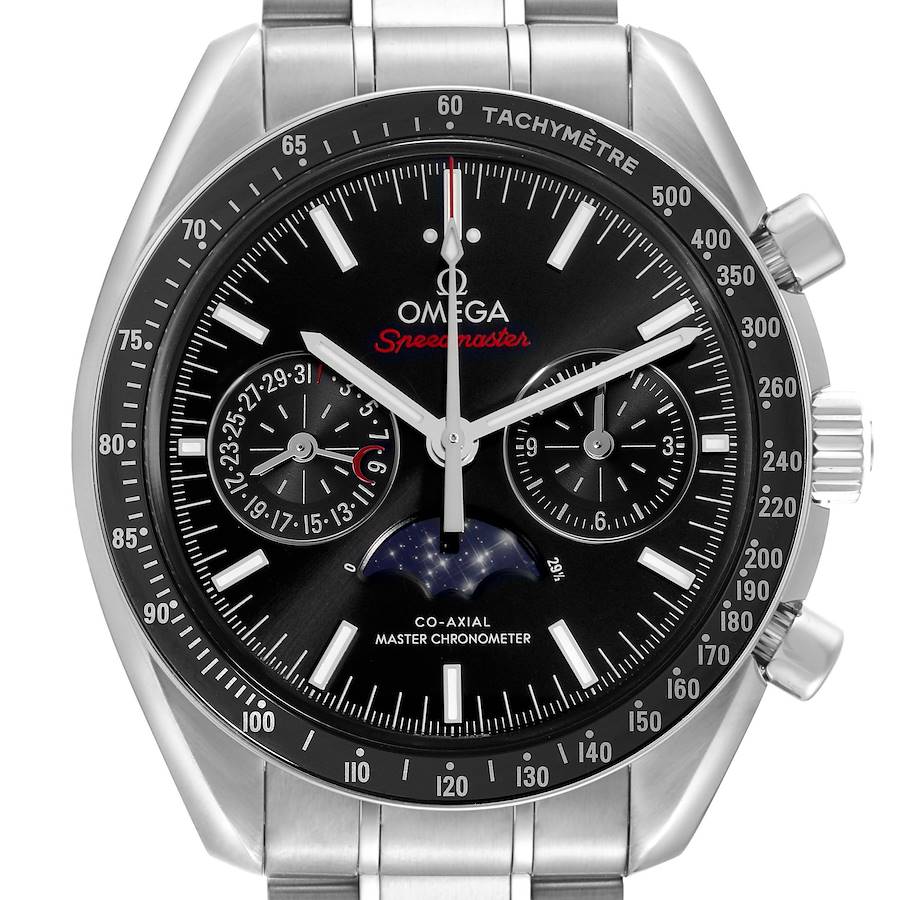 This is a front view of an Omega Speedmaster watch, showing the dial, bezel, and part of the bracelet.