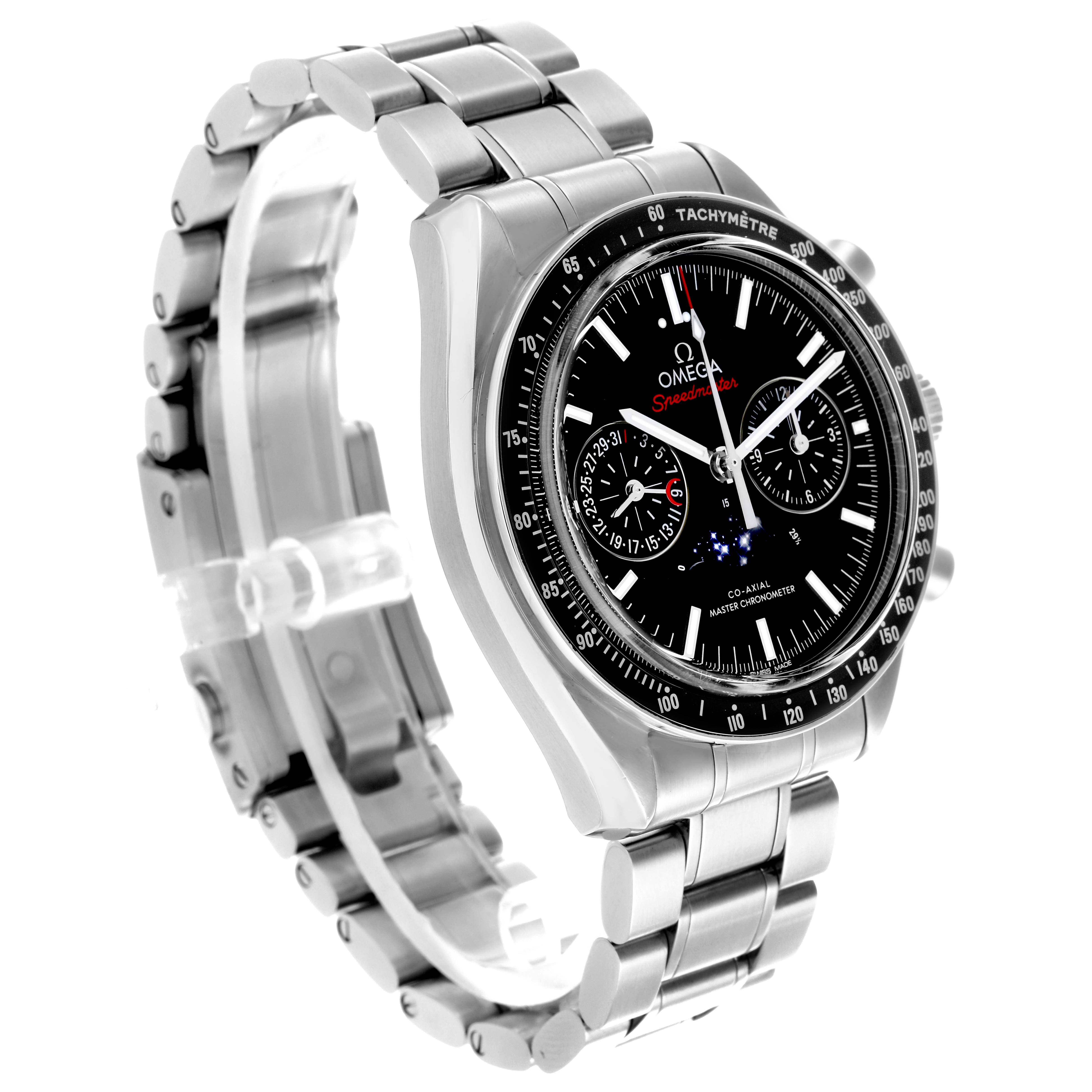 The Omega Seamaster 304.30.44.52.01.001 Men's Stainless Steel Black Dial 304.30.44.52.01.001 Men's Stainless Steel Black Dial watch is shown at a three-quarter angle highlighting the face, bezel, and metal bracelet.