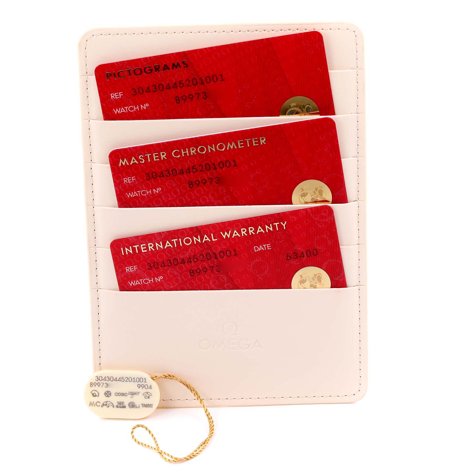 The image shows Omega Seamaster 304.30.44.52.01.001 Men's Stainless Steel Black Dial 304.30.44.52.01.001 Men's Stainless Steel Black Dial warranty cards and a tag from a top view in a leather holder.