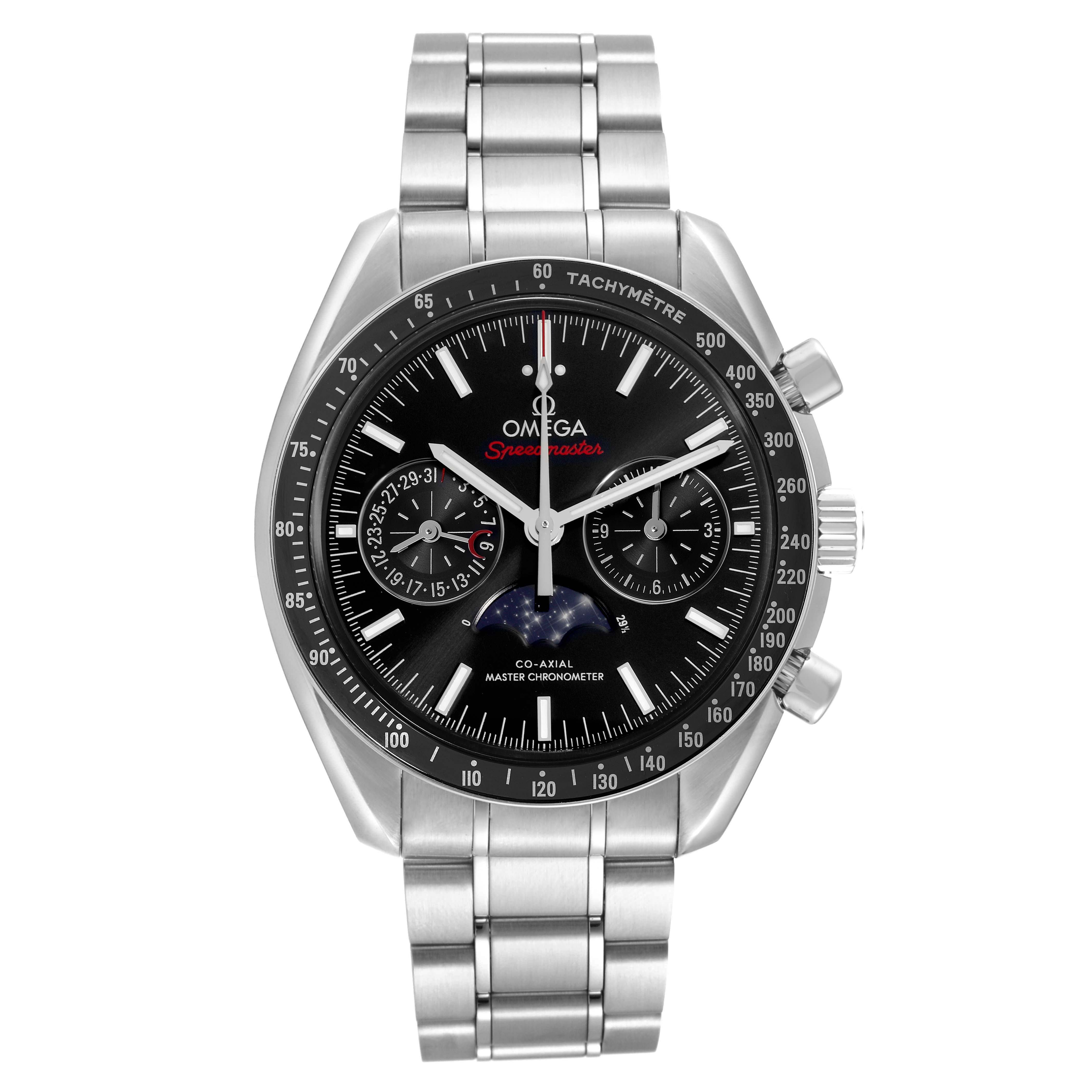 The Omega Seamaster 304.30.44.52.01.001 Men's Stainless Steel Black Dial 304.30.44.52.01.001 Men's Stainless Steel Black Dial watch is shown from the front, displaying the face, bezel, and stainless steel bracelet.