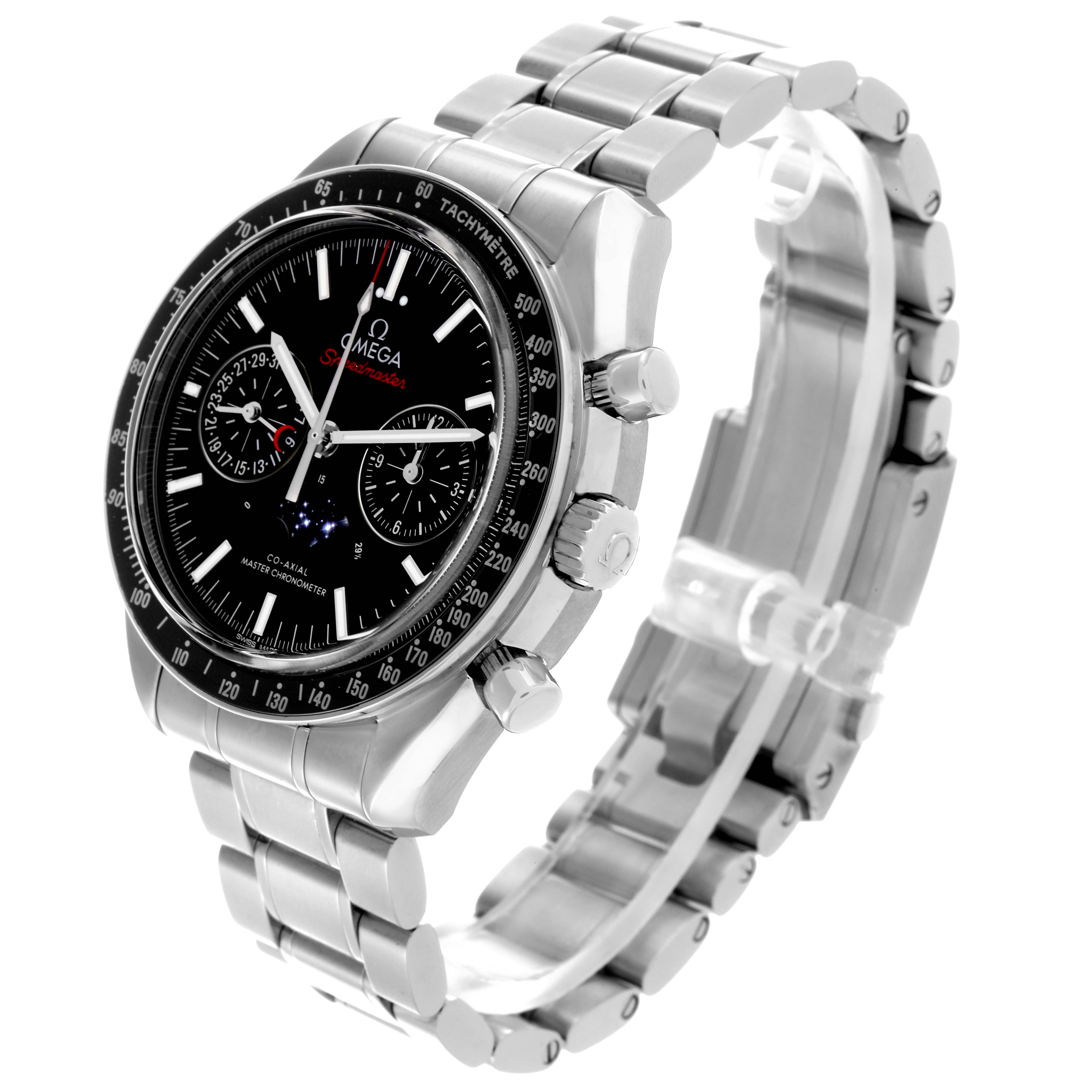 The Omega Seamaster 304.30.44.52.01.001 Men's Stainless Steel Black Dial 304.30.44.52.01.001 Men's Stainless Steel Black Dial watch is shown at an angled side view, highlighting its face, bezel, buttons, and stainless steel bracelet.