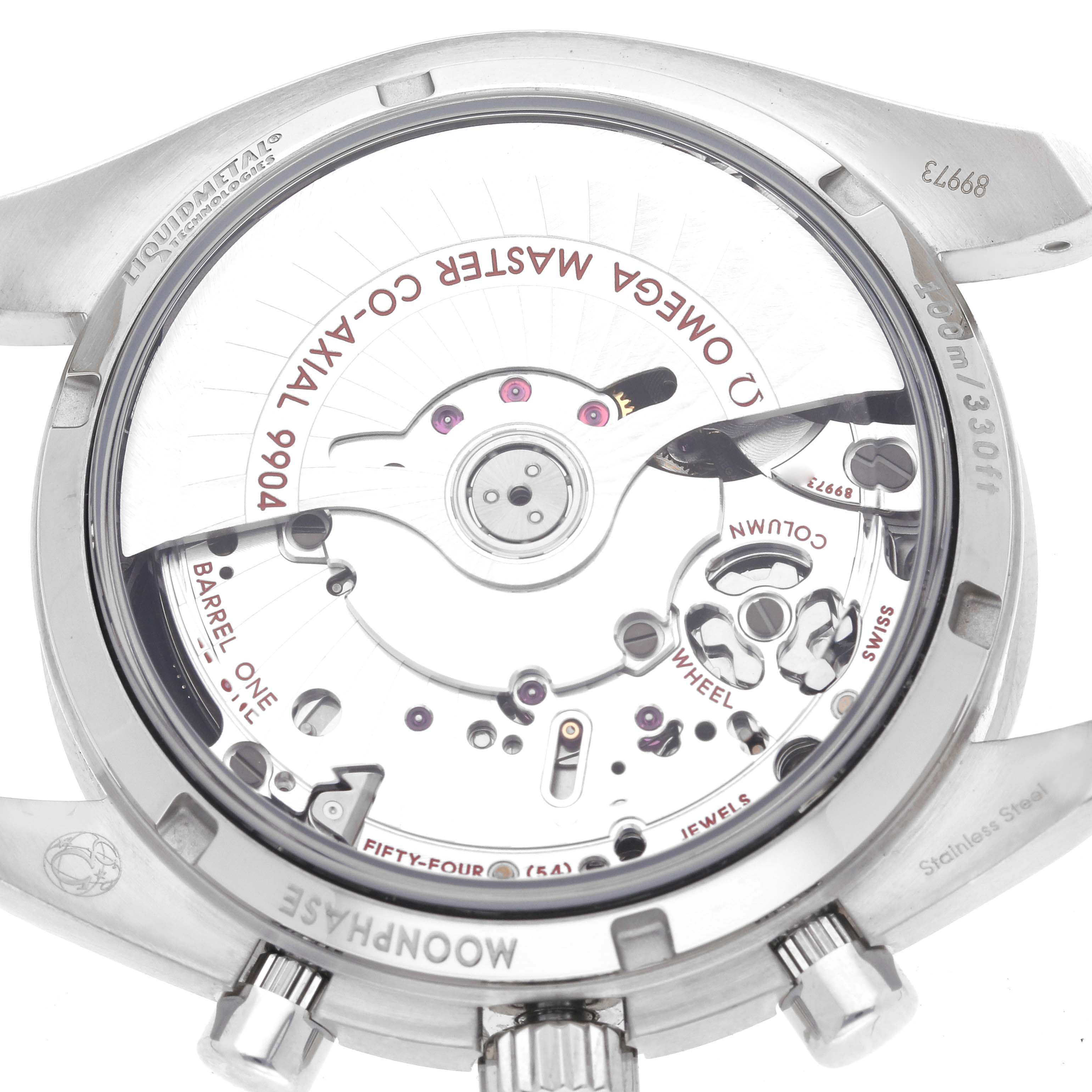 The image shows the back view of an Omega Seamaster 304.30.44.52.01.001 Men's Stainless Steel Black Dial 304.30.44.52.01.001 Men's Stainless Steel Black Dial, displaying its mechanical movement and inner components.