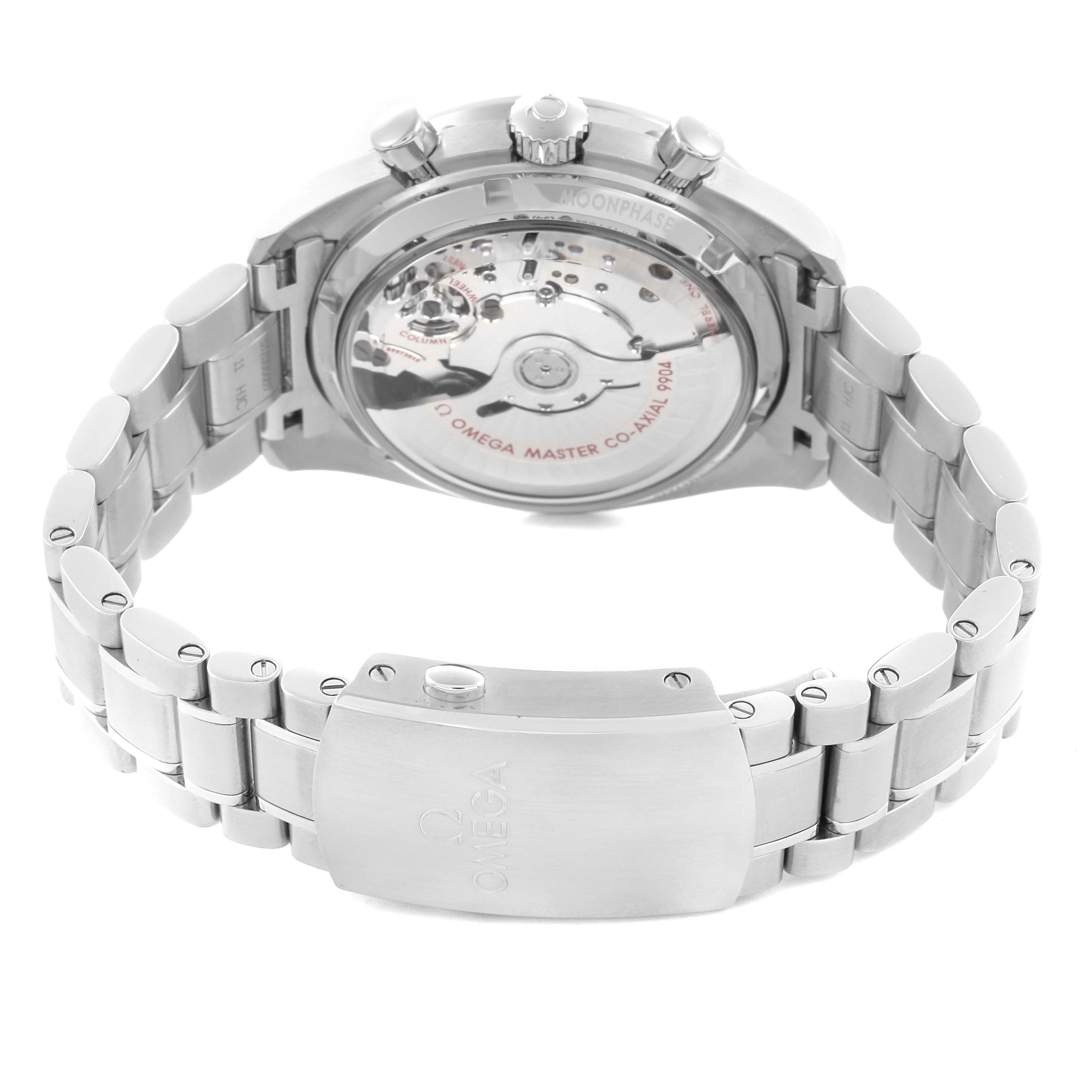 The Omega Seamaster 304.30.44.52.01.001 Men's Stainless Steel Black Dial 304.30.44.52.01.001 Men's Stainless Steel Black Dial watch is shown from the back, displaying the movement and the bracelet with the clasp.