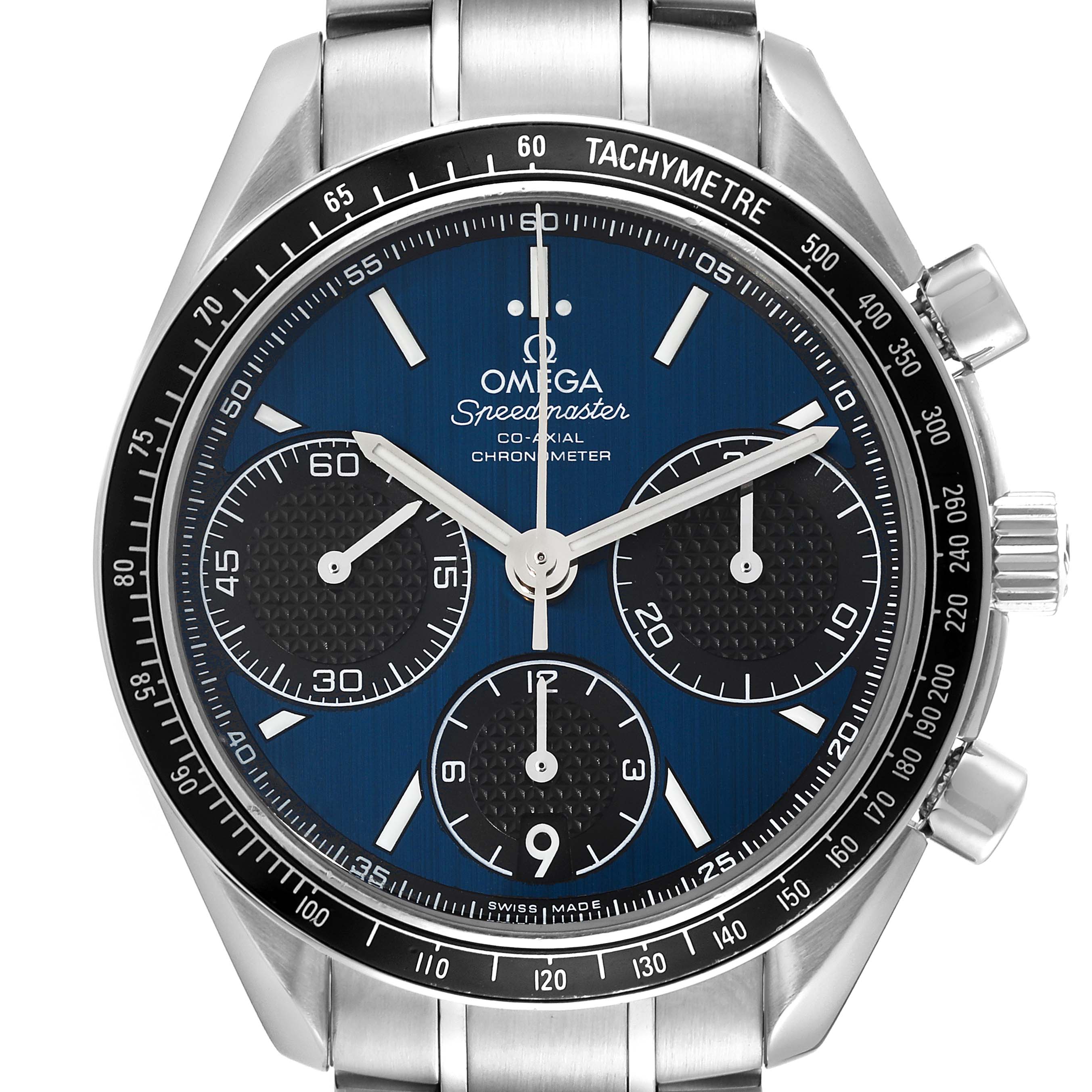 This image shows the face of the Omega Speedmaster 326.30.40.50.03.001 Men
s Stainless Steel Blue Dial 326.30.40.50.03.001 Men
s Stainless Steel Blue Dial watch, featuring the dial, hands, tachymeter bezel, and crown.