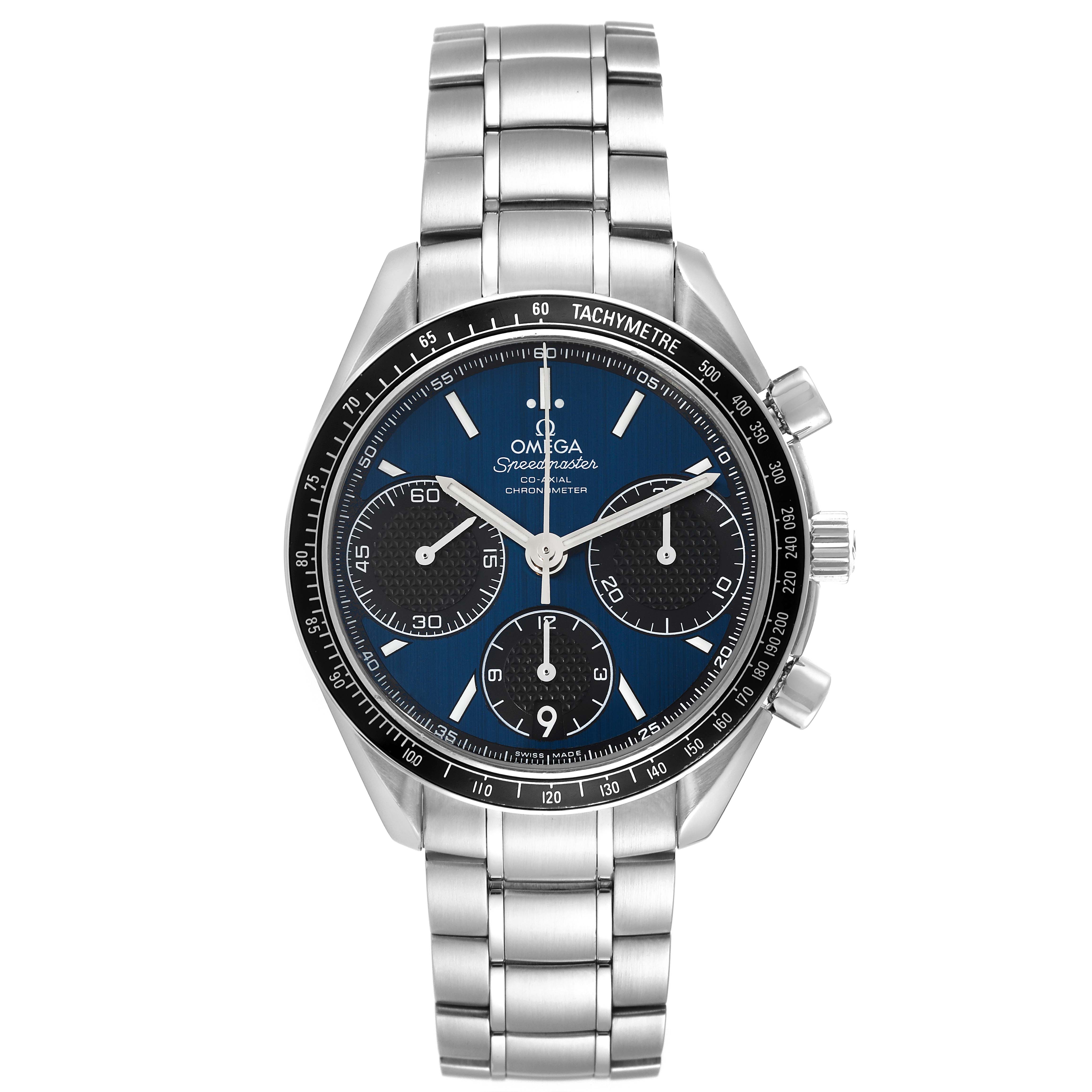 The image shows a front view of an Omega Speedmaster 326.30.40.50.03.001 Men
s Stainless Steel Blue Dial 326.30.40.50.03.001 Men
s Stainless Steel Blue Dial watch, including its face, bezel, and stainless steel bracelet.