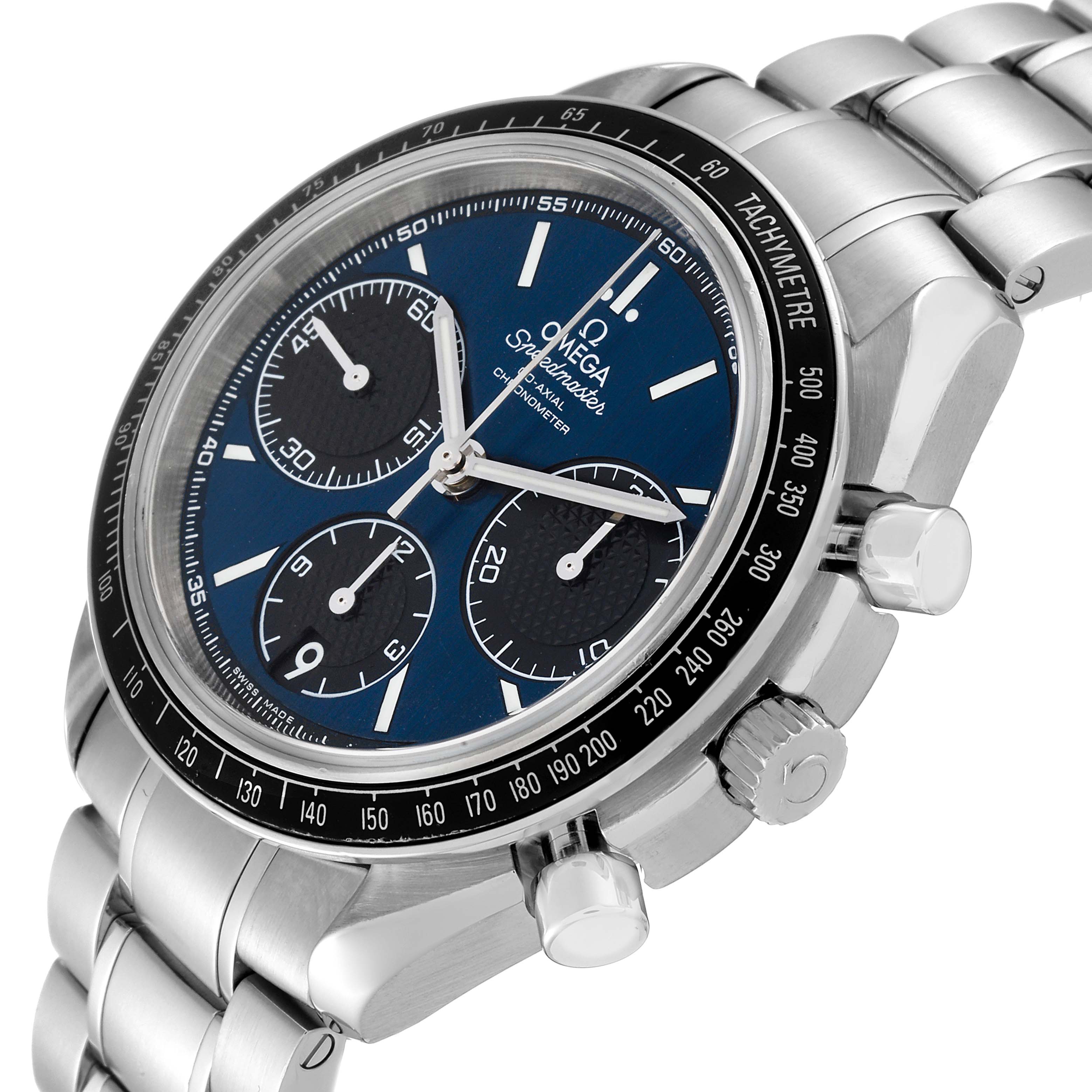 The image shows an Omega Speedmaster 326.30.40.50.03.001 Men
s Stainless Steel Blue Dial 326.30.40.50.03.001 Men
s Stainless Steel Blue Dial watch from an angled side view, highlighting the dial, tachymeter bezel, crown, and pushers.