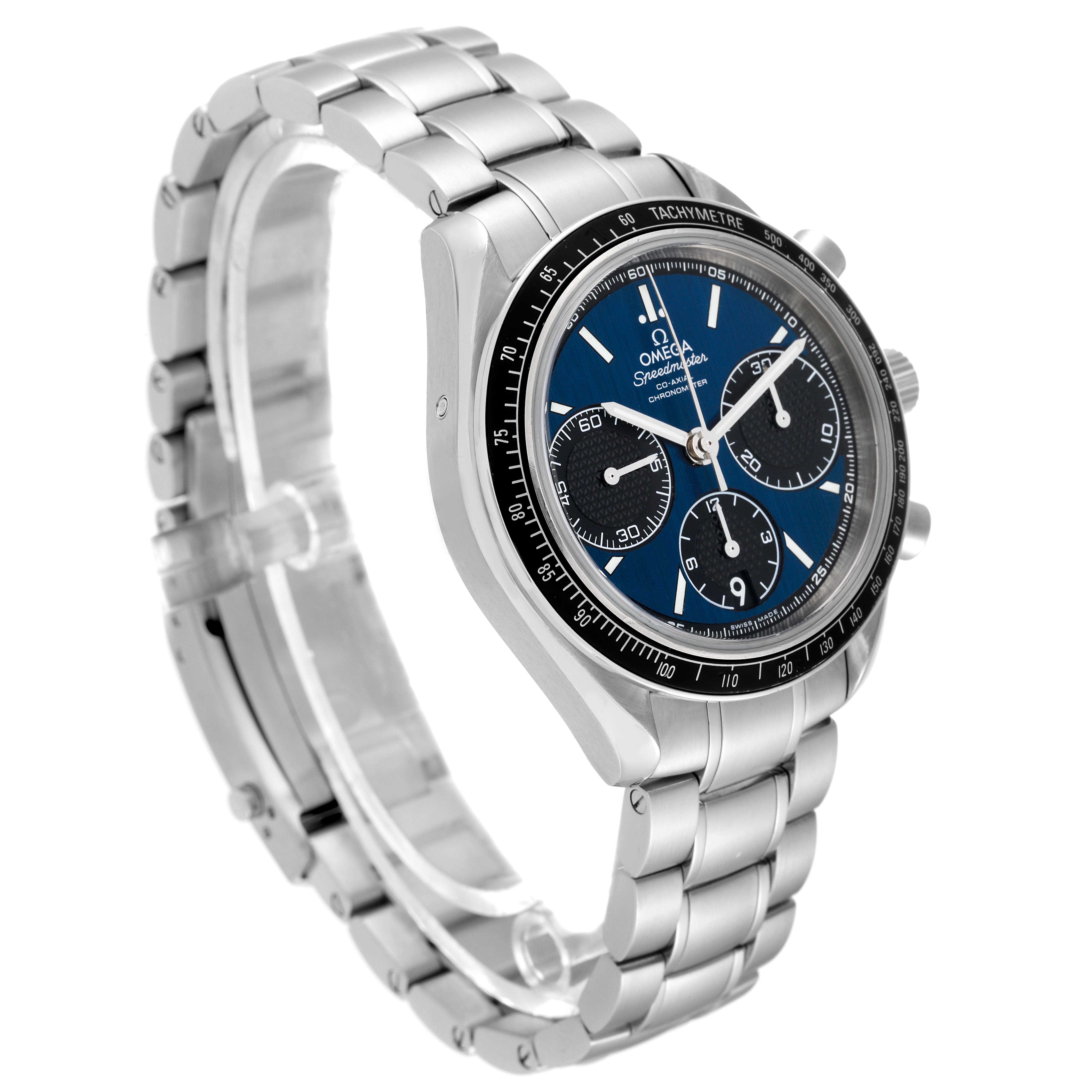 This image displays a side angle of the Omega Speedmaster 326.30.40.50.03.001 Men
s Stainless Steel Blue Dial 326.30.40.50.03.001 Men
s Stainless Steel Blue Dial watch, focusing on its dial, bezel, and metal bracelet.