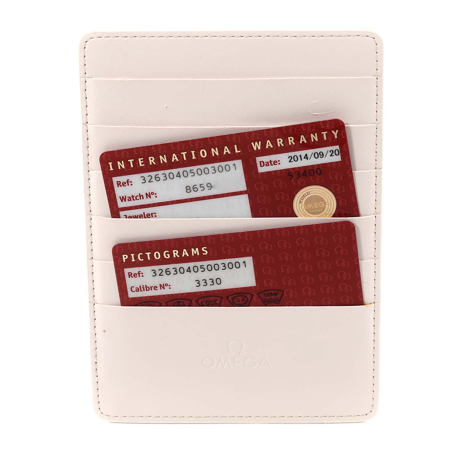 The image shows Omega Speedmaster 326.30.40.50.03.001 Men
s Stainless Steel Blue Dial 326.30.40.50.03.001 Men
s Stainless Steel Blue Dial warranty and pictogram cards in a white leather holder.