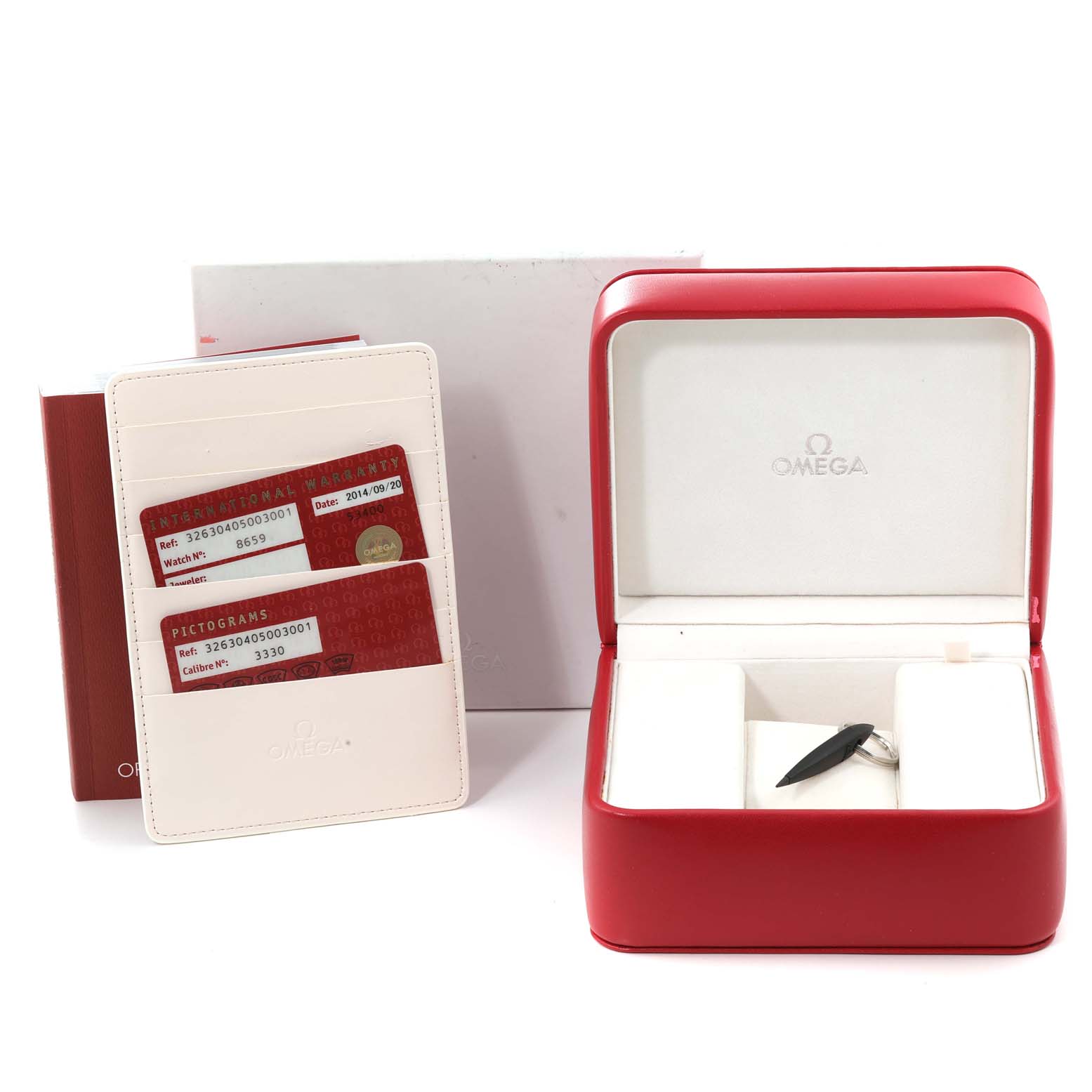 The image shows the Omega Speedmaster 326.30.40.50.03.001 Men
s Stainless Steel Blue Dial 326.30.40.50.03.001 Men
s Stainless Steel Blue Dial watch
s packaging, warranty cards, and an empty red box with a watch tool inside.