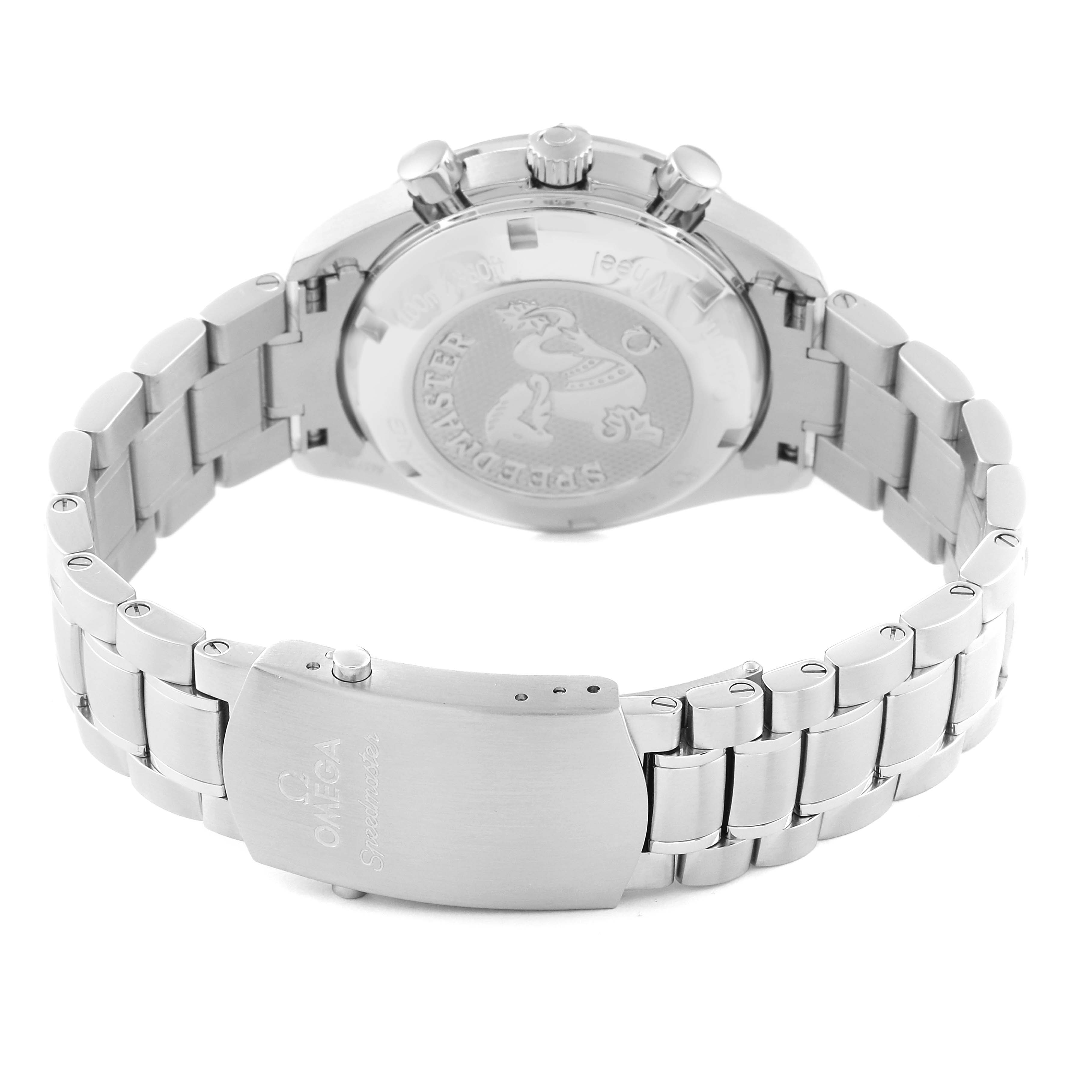 The image shows the back case and clasp of the Omega Speedmaster 326.30.40.50.03.001 Men
s Stainless Steel Blue Dial 326.30.40.50.03.001 Men
s Stainless Steel Blue Dial watch, highlighting its metal bracelet and embossed case back.