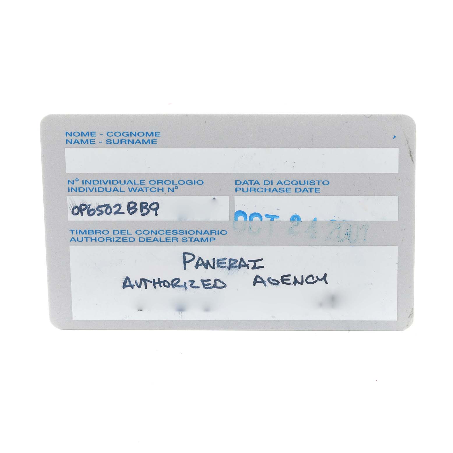 This is an authorized dealer card for a Panerai Luminor PAM00009 Men
s Stainless Steel Black Dial PAM00009 Men
s Stainless Steel Black Dial watch, shown from a top-down angle.