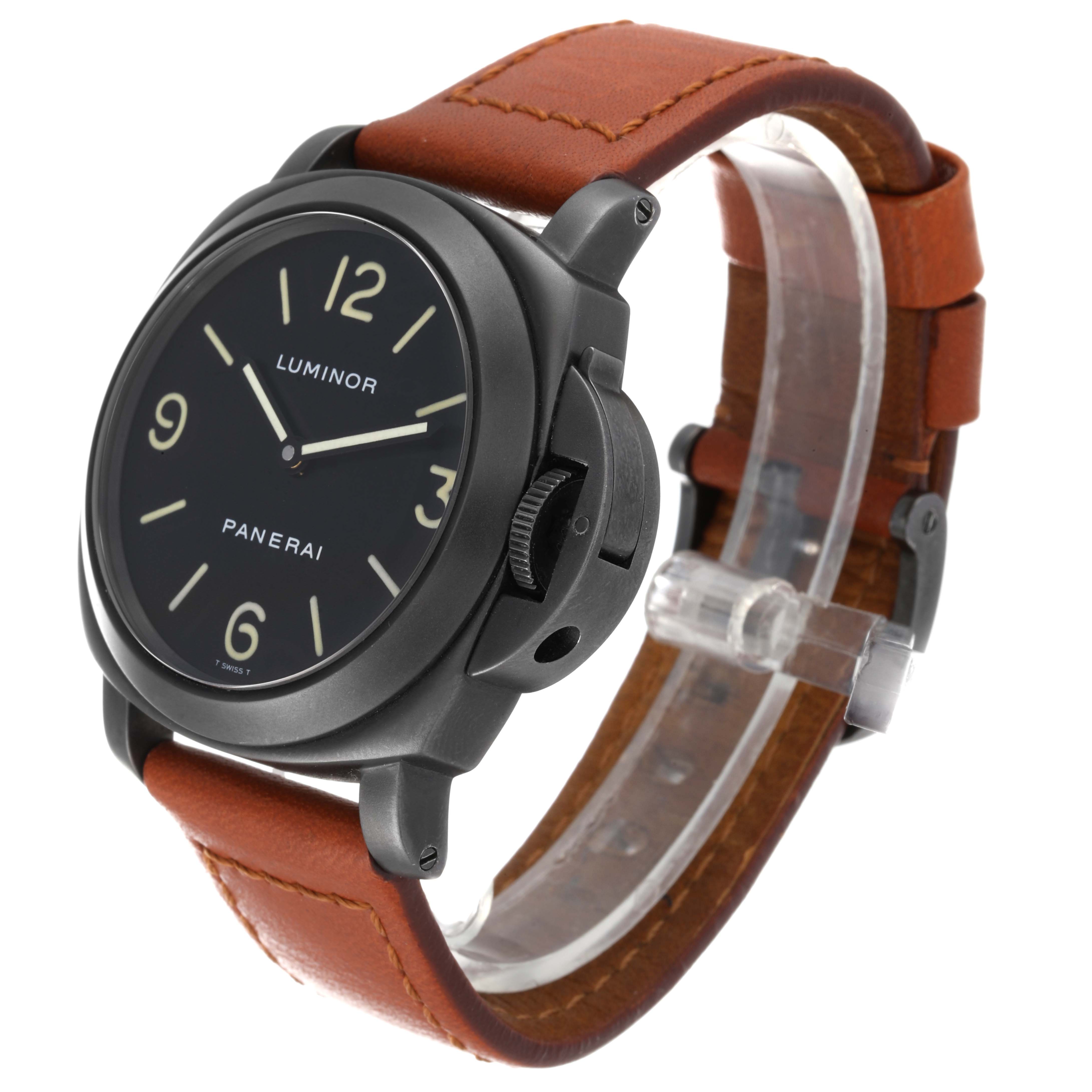 The image shows a Panerai Luminor PAM00009 Men
s Stainless Steel Black Dial PAM00009 Men
s Stainless Steel Black Dial watch at a 3/4 angle, focusing on the face, casing, and leather strap.
